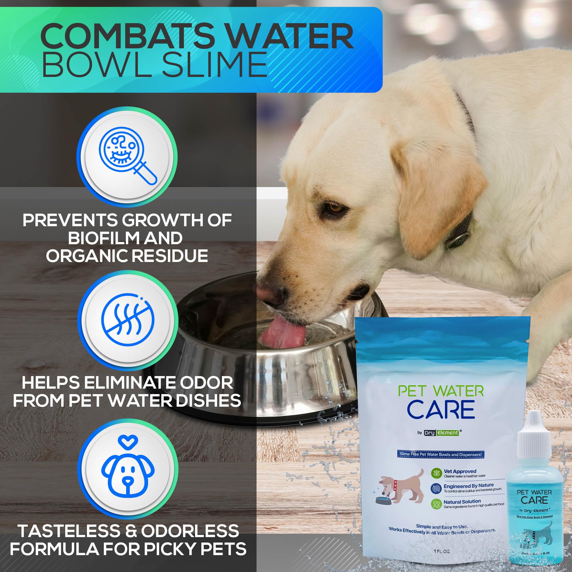 Dry Element Pet Water Care promotes fresher breath during pet encounters.