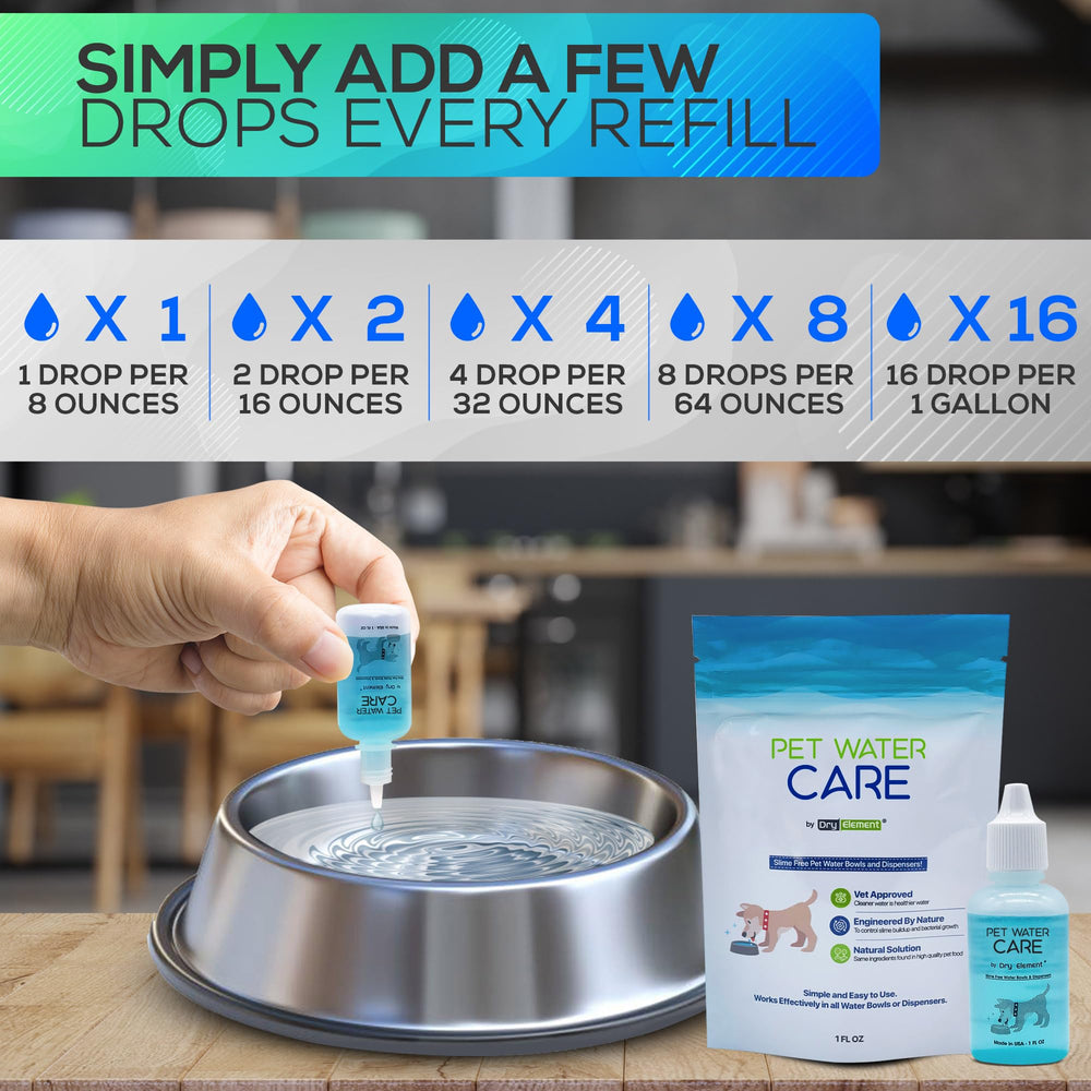 Dry Element Pet Water Care long-lasting formula lasts months between refills.