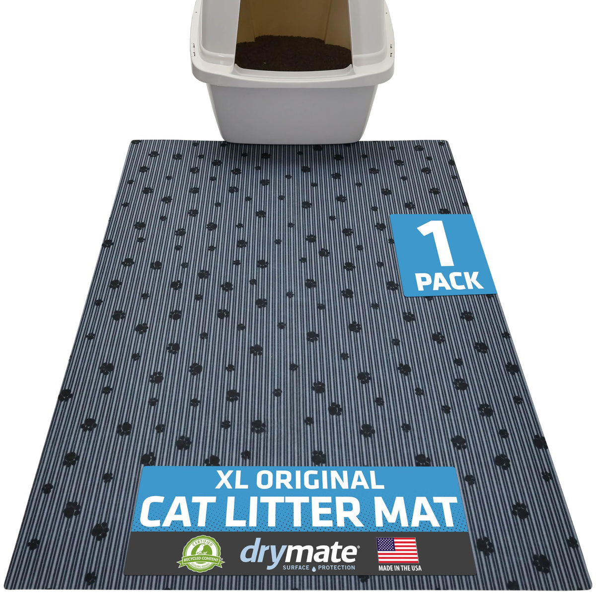 Drymate Cat Litter Box Mat with litter-trapping surface reduces floor mess.