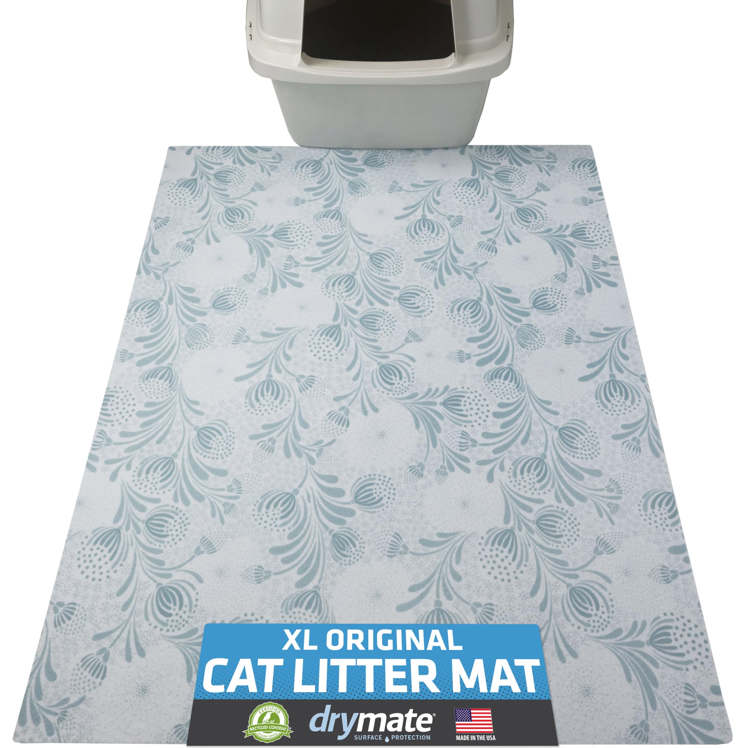 Drymate cat litter box mat with litter-trapping surface protects floors and reduces mess.