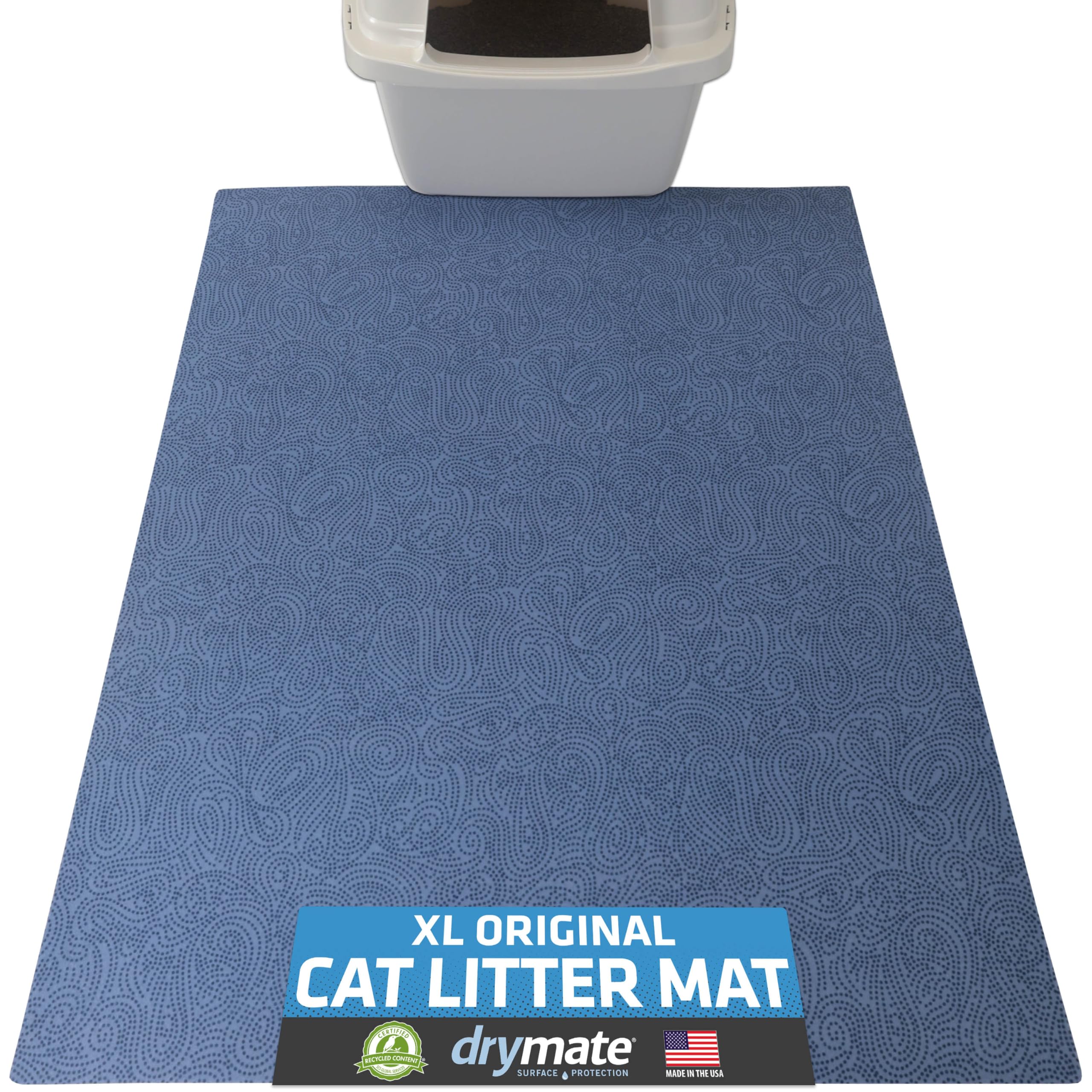Drymate cat litter mat front view in blue XL traps litter and protects floors.