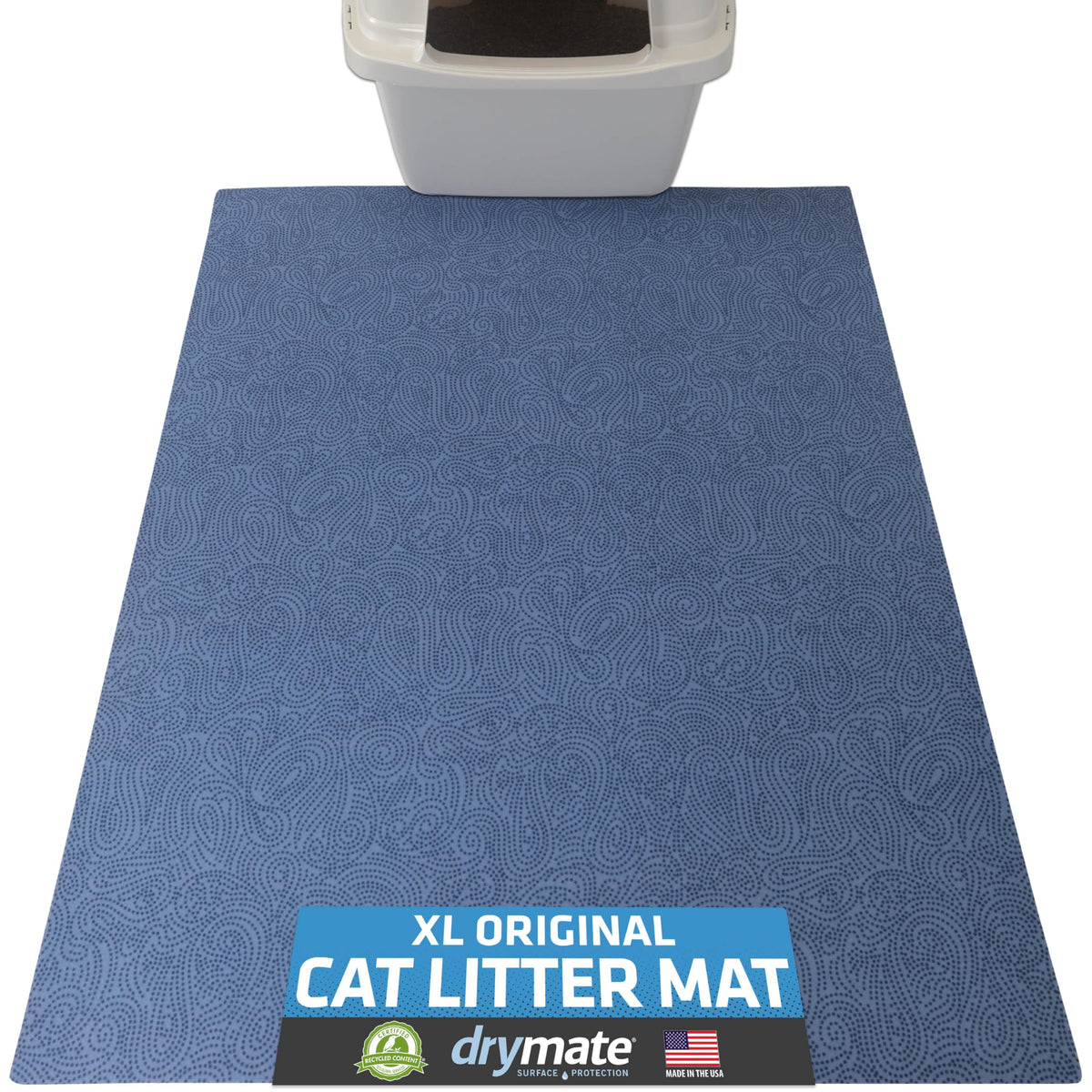 Drymate cat litter mat front view in blue XL traps litter and protects floors.