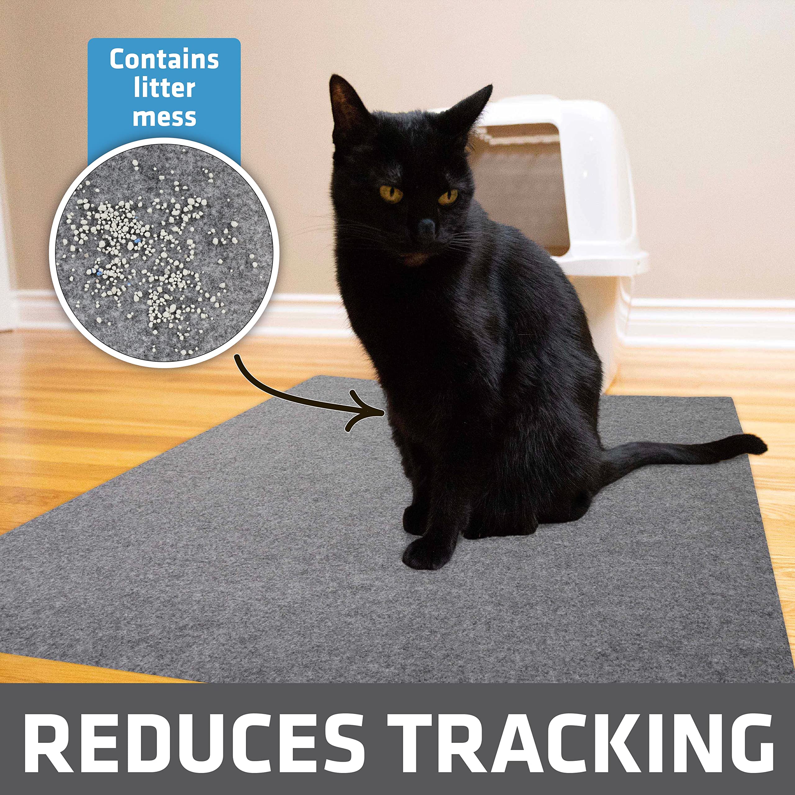 Drymate cat litter mat with waterproof backing prevents leaks and stains.
