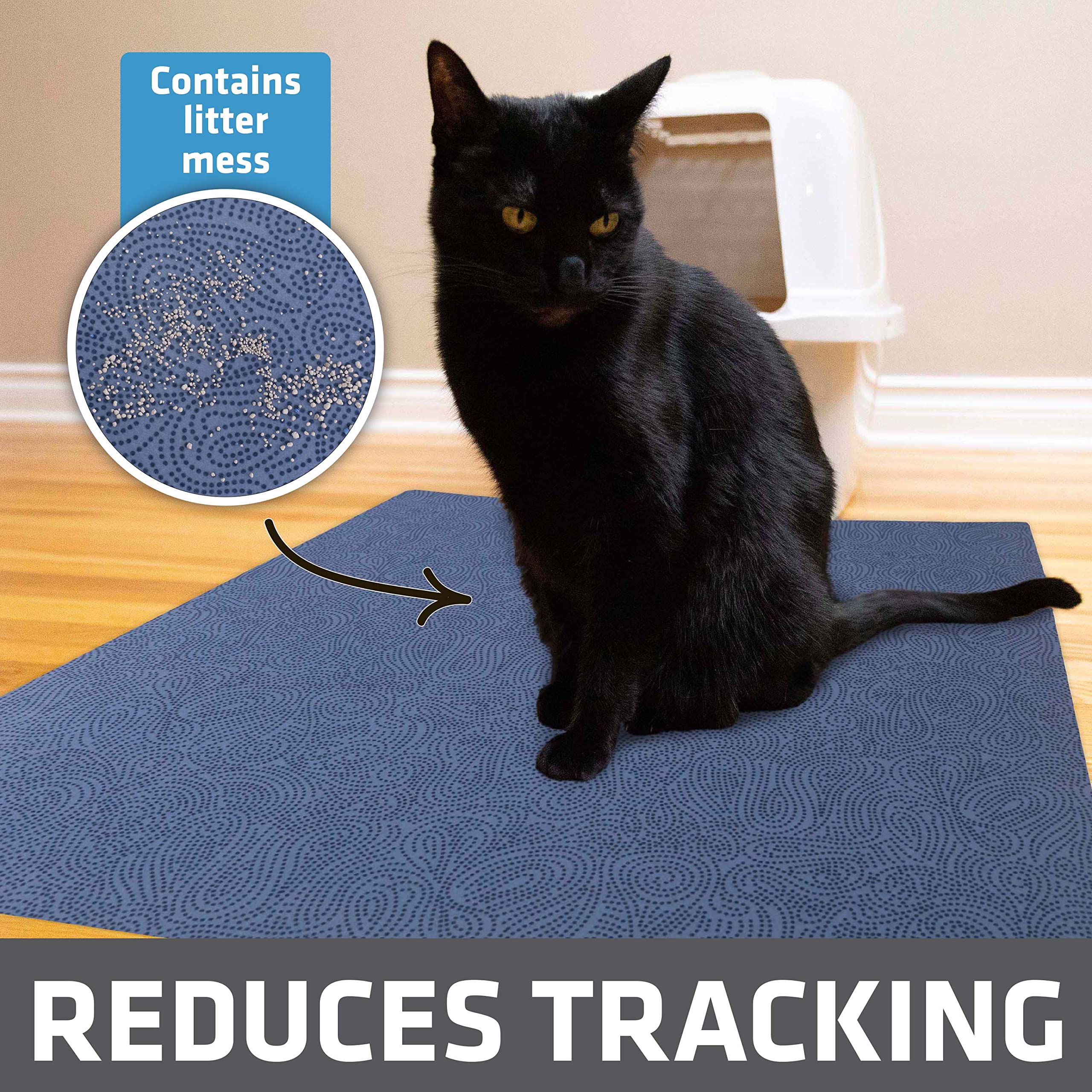 Drymate cat litter mat under litter box with paw cleaning action.