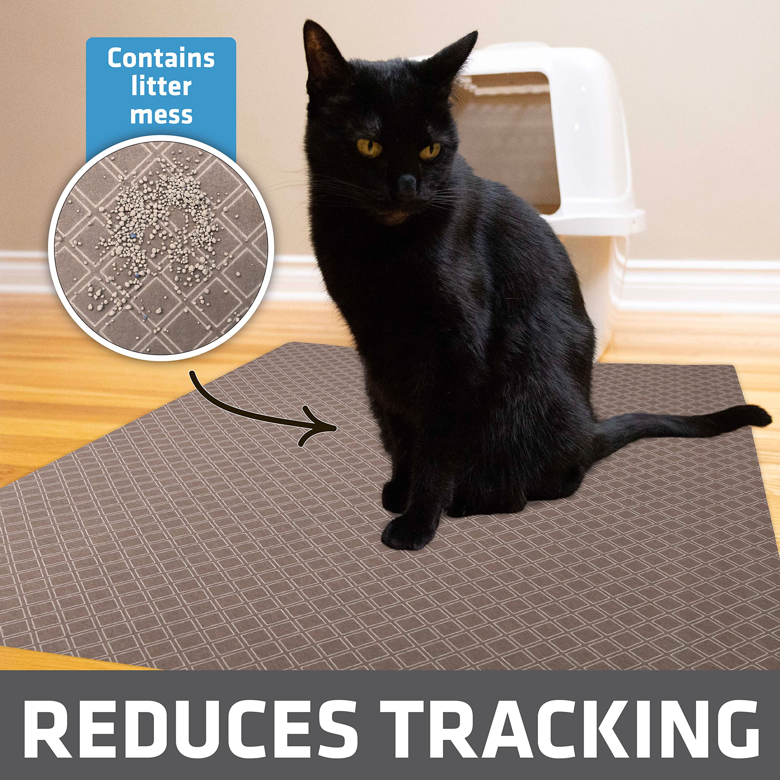 Drymate litter mat shows waterproof backing to prevent urine damage.