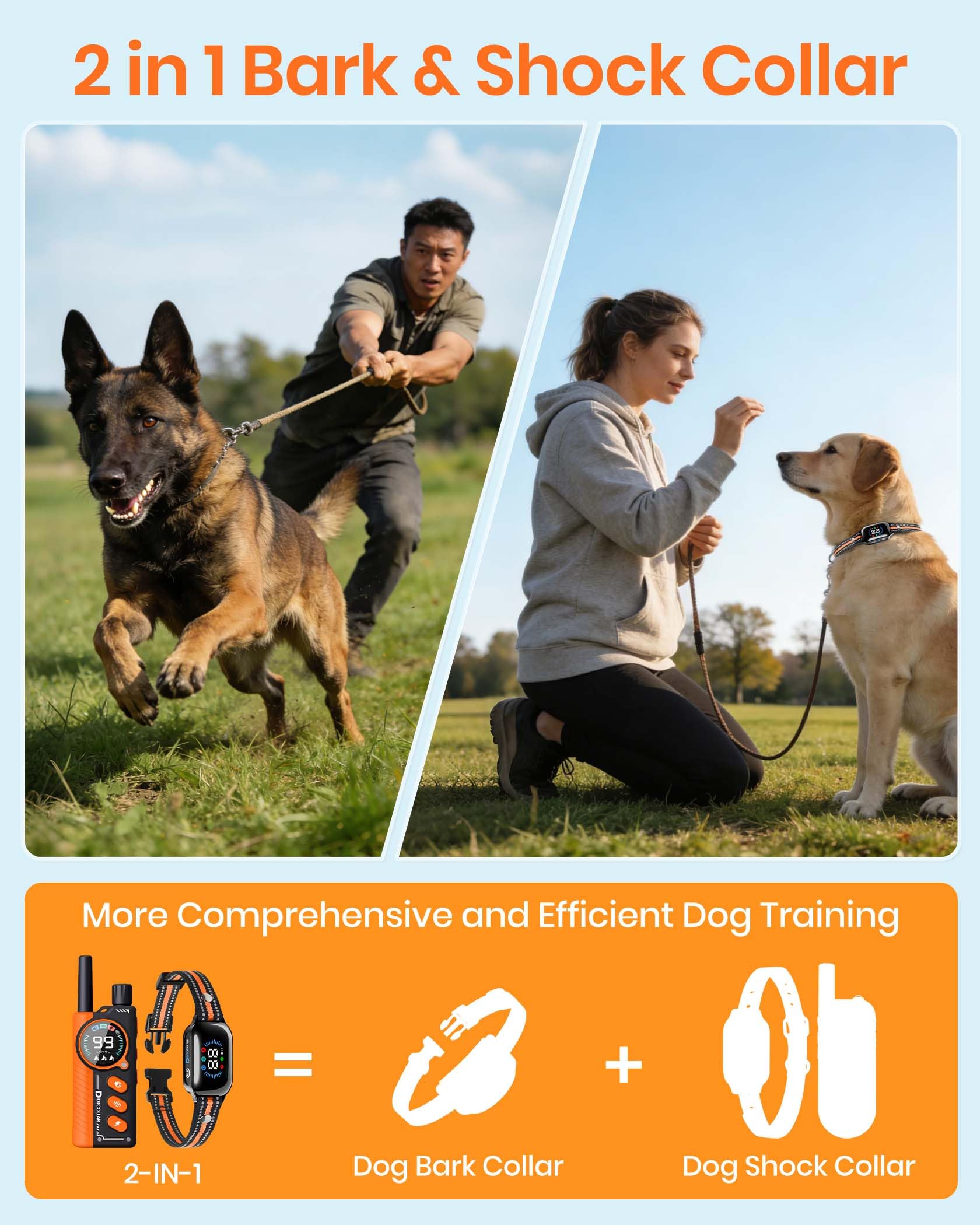 DTCollar remote and receiver color displays show mode status during training.