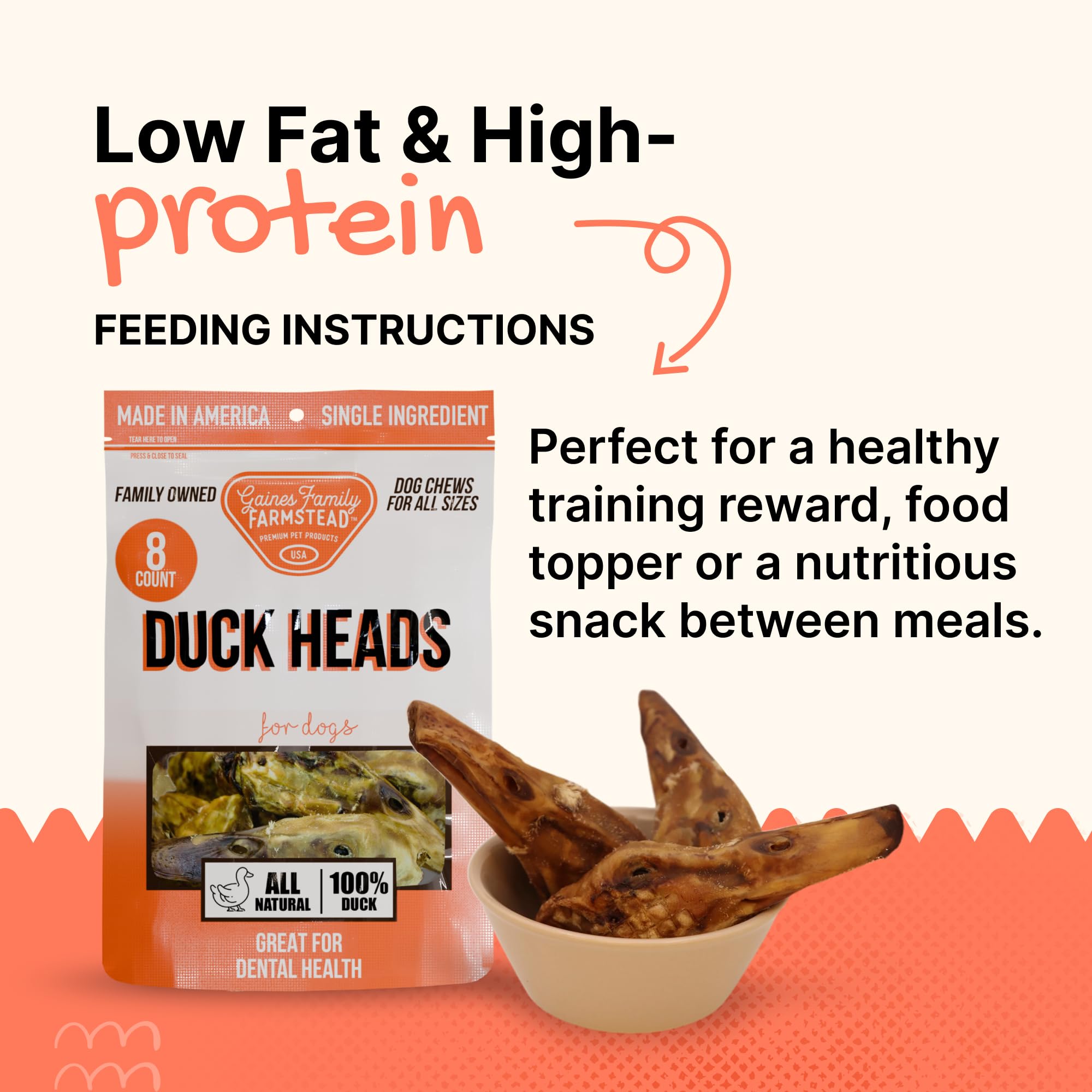 Gaines duck heads in bowl—training rewards, rawhide-free.