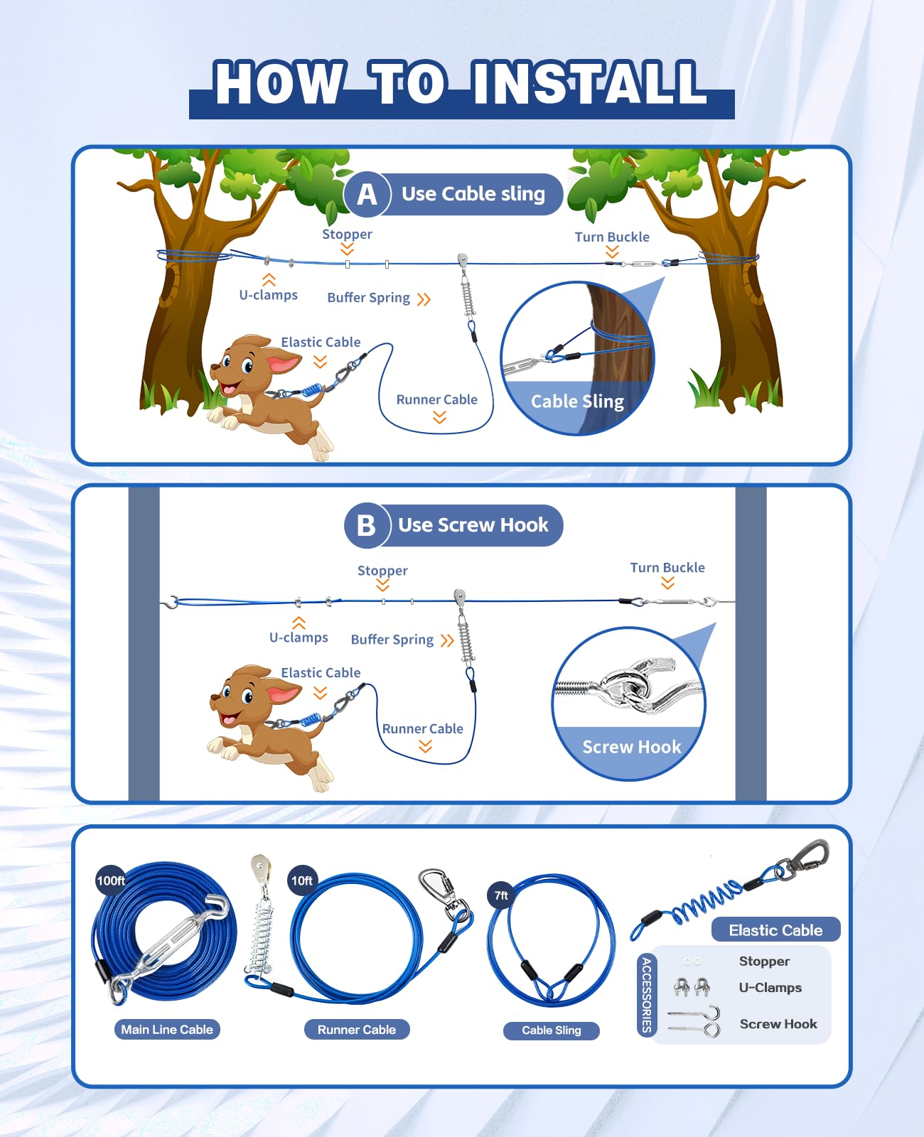 Duckygoo installation options shown between trees or wall hooks.