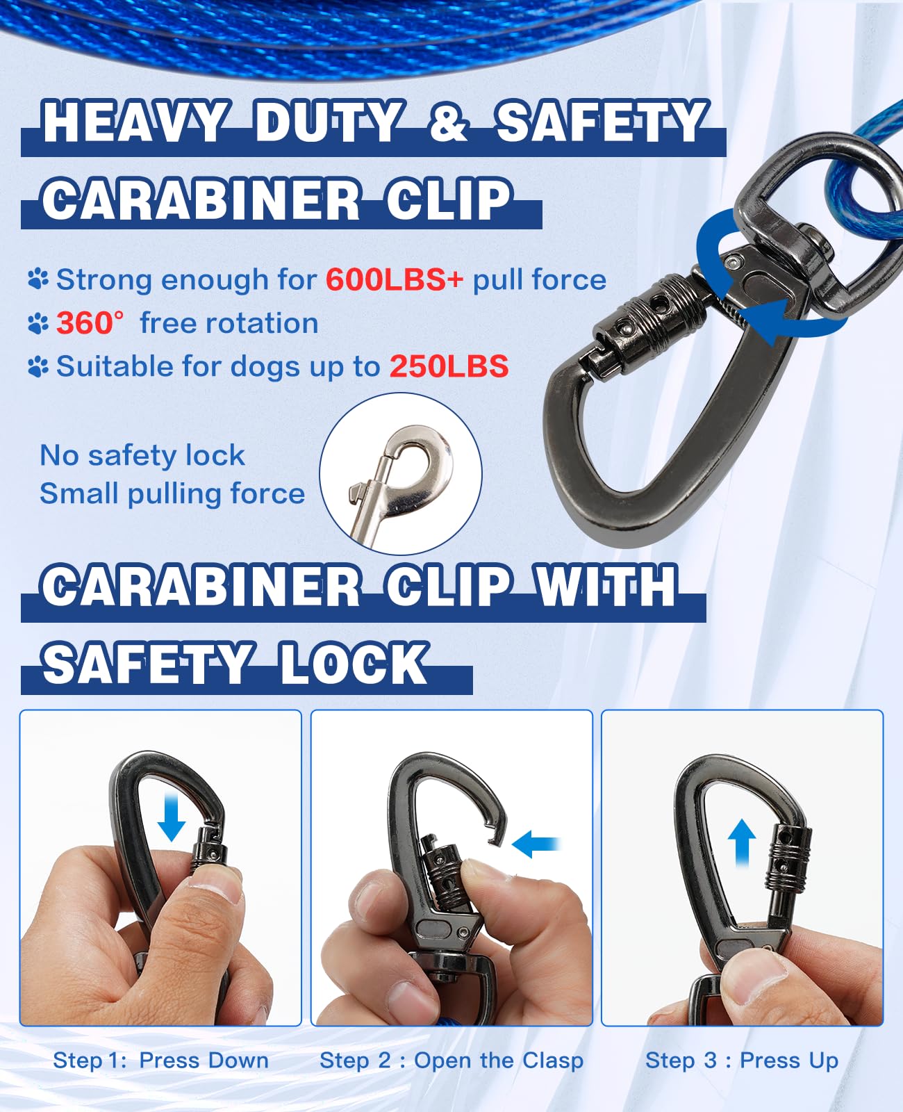 Duckygoo 360 degree swivel safety clip ensures tangle-free roaming for large breeds.