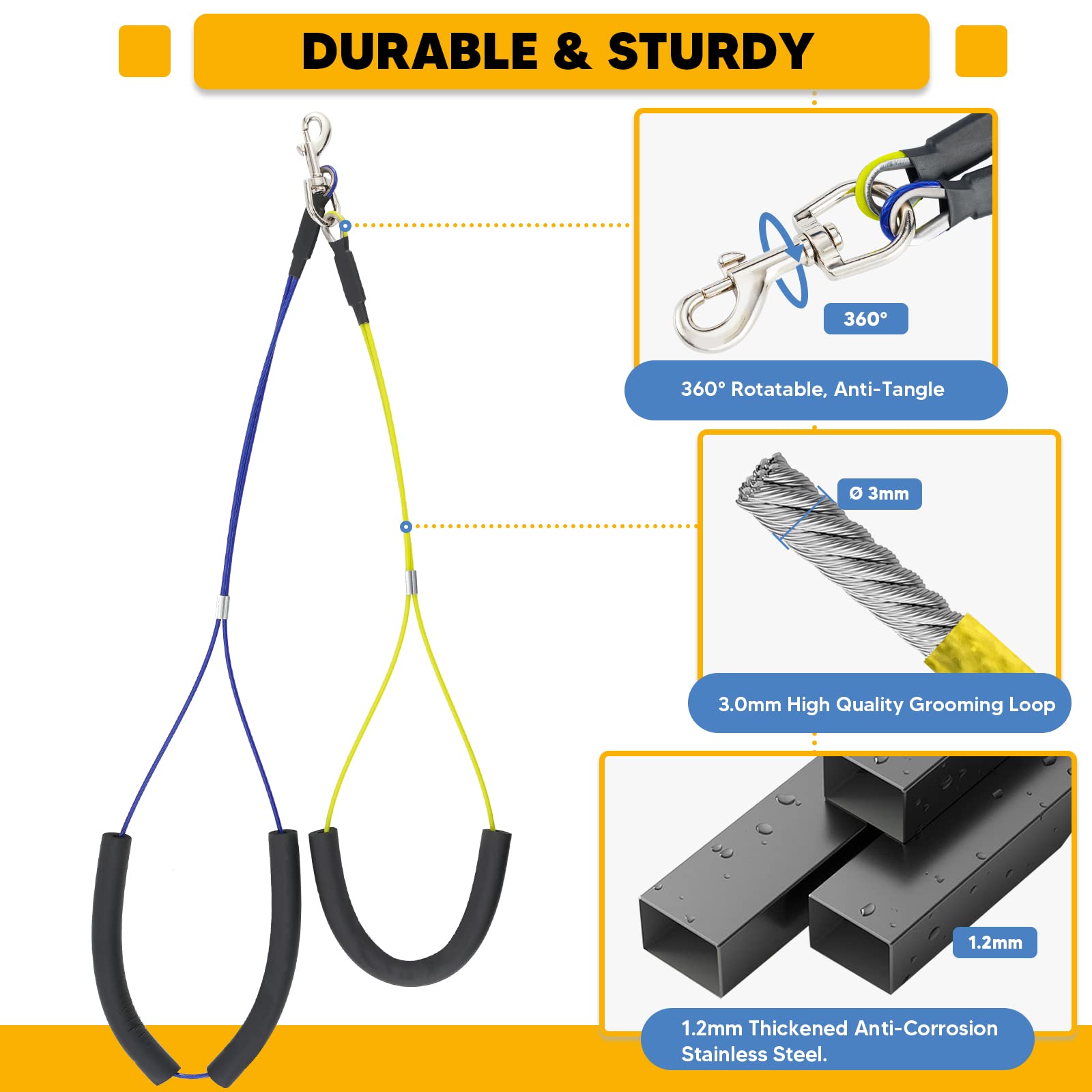 Duckygoo haunch holders and loop noose keep dogs steady during grooming.