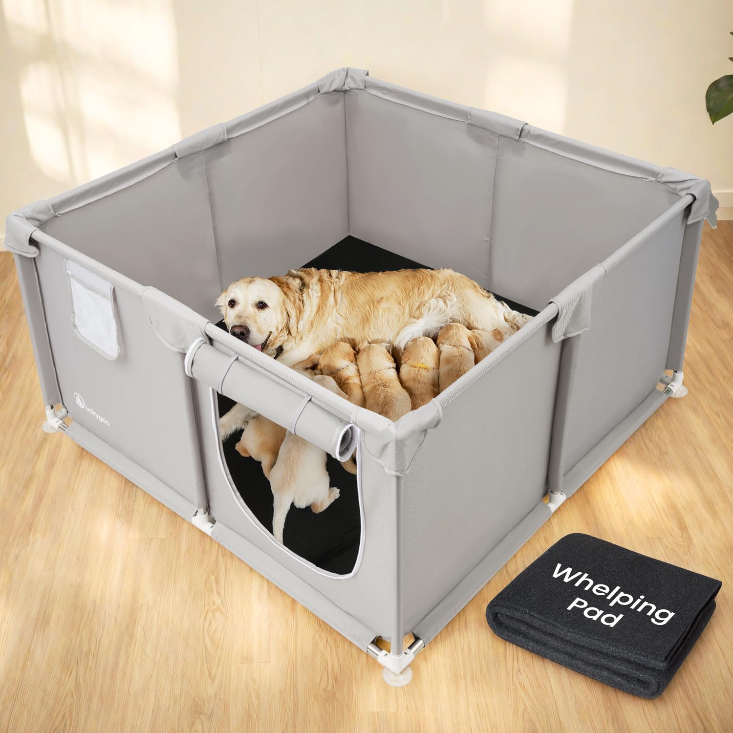 Duckygoo whelping box side view shows a sturdy frame for safe birth spaces