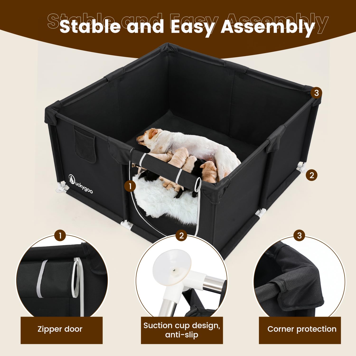 Duckygoo whelping box with zipper door for easy access.