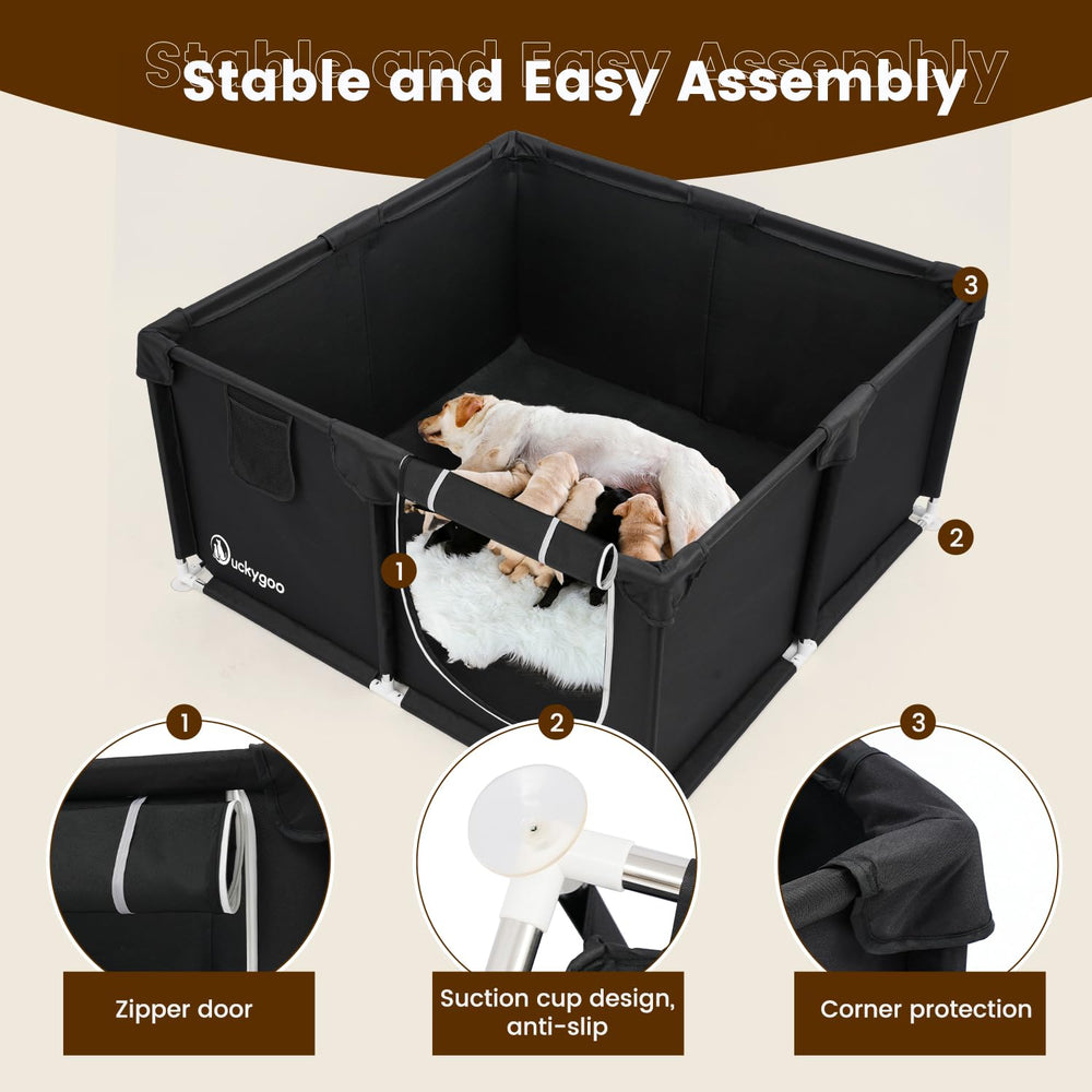 Duckygoo whelping box with zipper door for easy access.