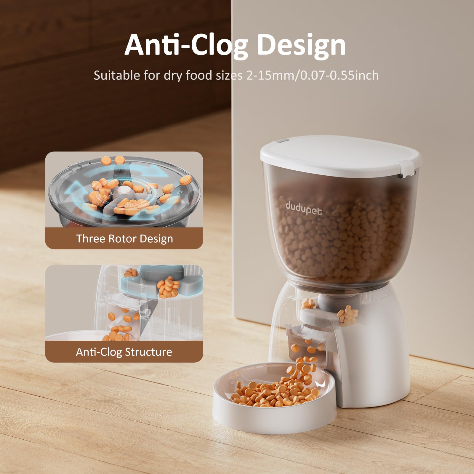 DUDUPET anti-jam dispensing system delivers accurate portions