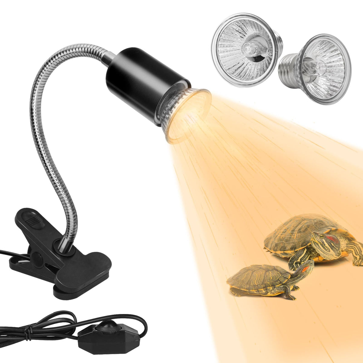 DUMILOO reptile heat lamp with a 360° rotatable basking spot for placement flexibility.