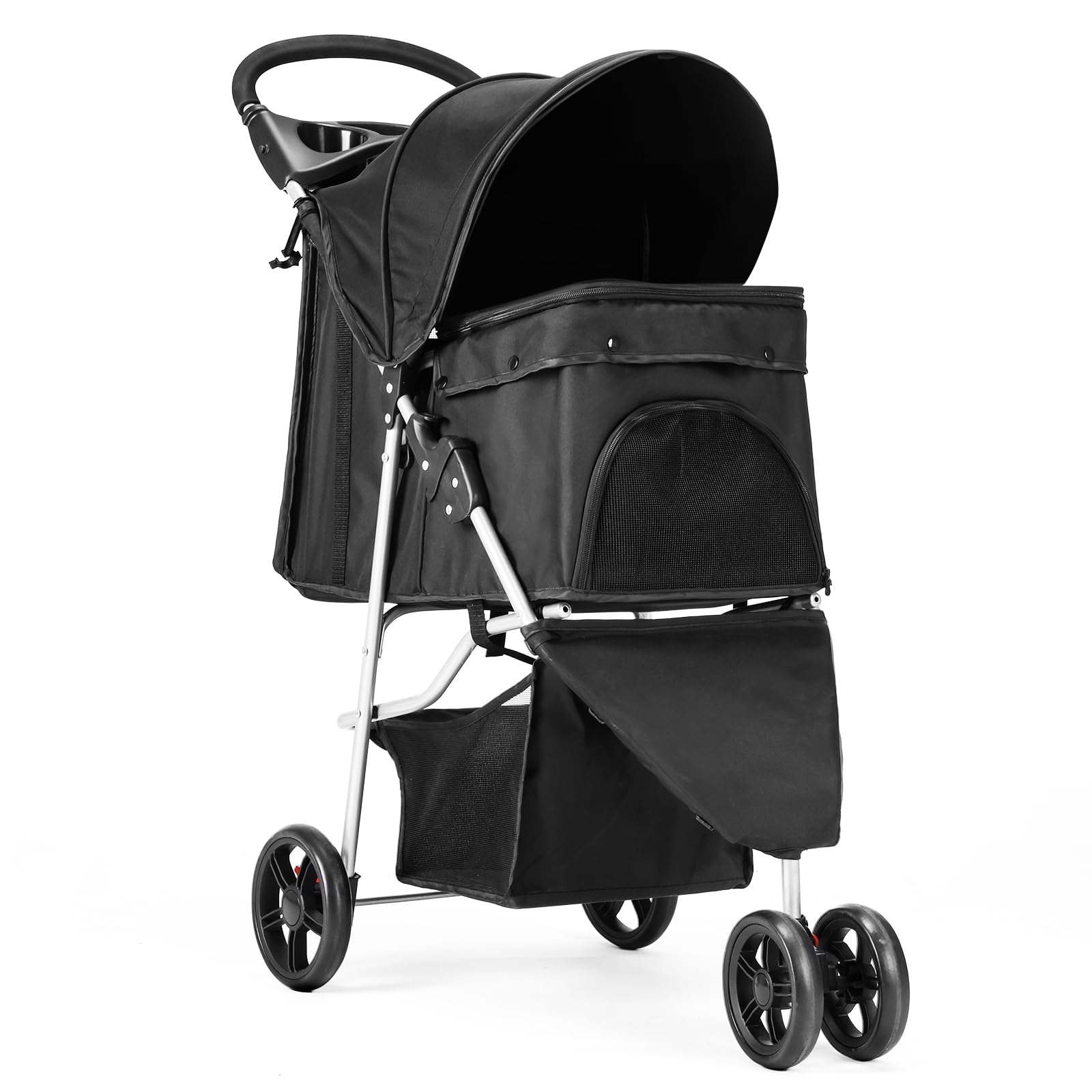 DUMOS 3-wheels pet stroller on city sidewalk with smooth ride for small pets