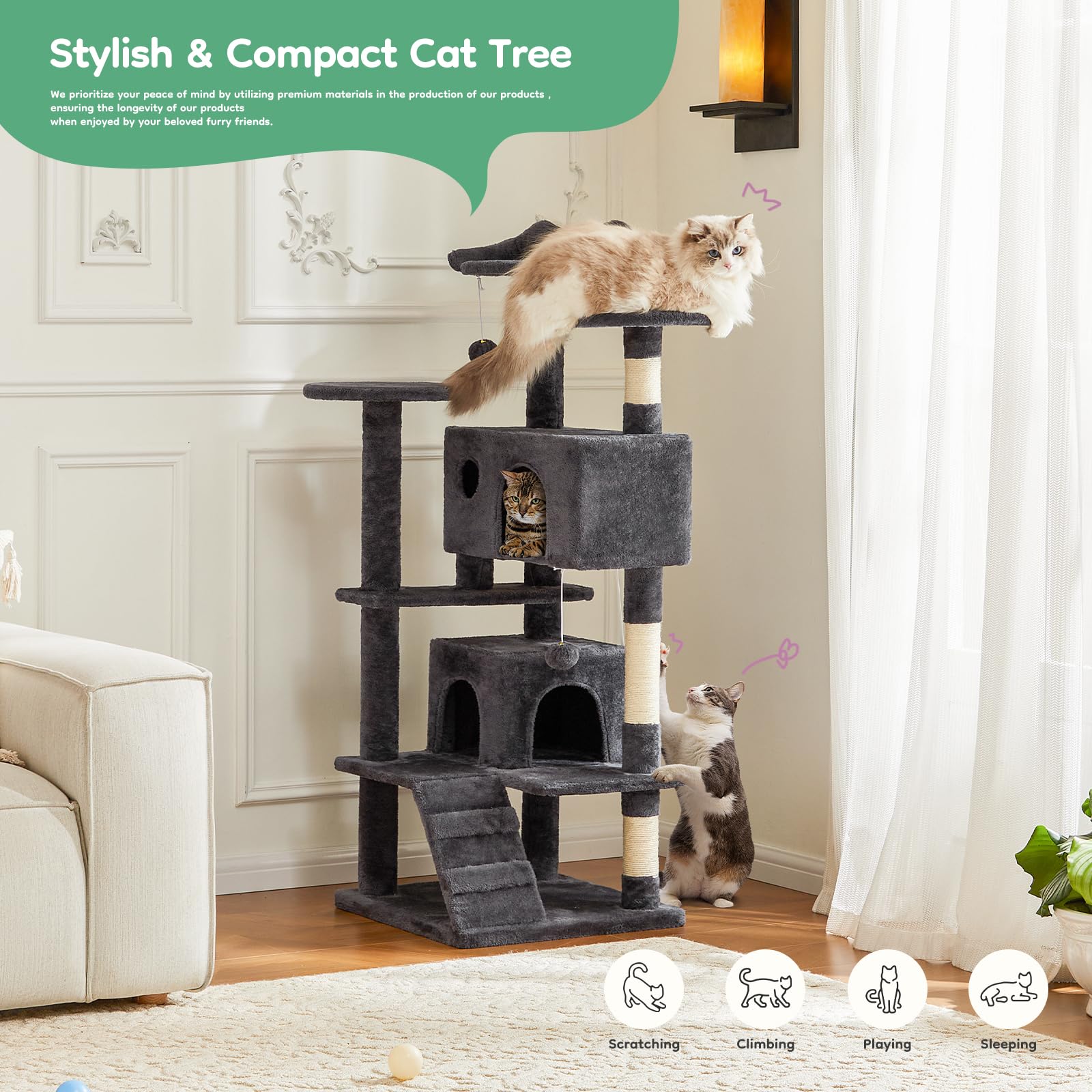 DUMOS 54-inch cat tree side view highlights sturdy base and stable construction.