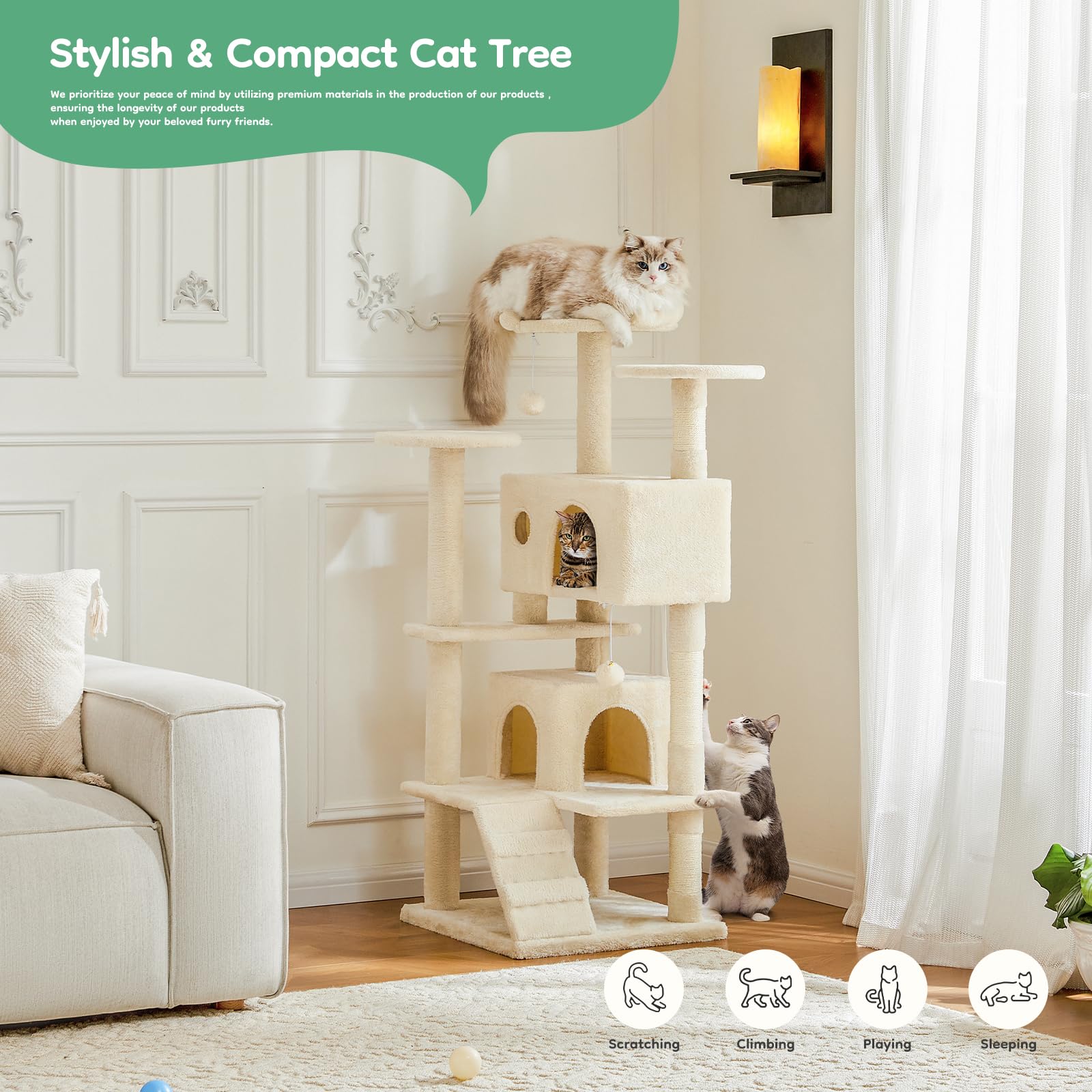 DUMOS cat tree with two condos offering cozy retreats for large cats.
