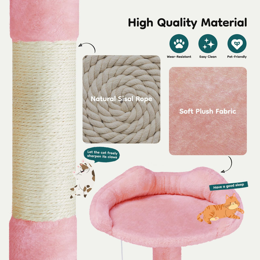 DUMOS pink round platform invites climbing and scenic cat viewing.