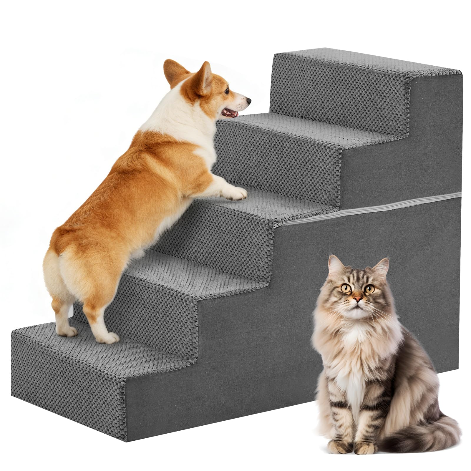 DUMOS 5-step dog stairs grey folded setup for compact storage and quick access.