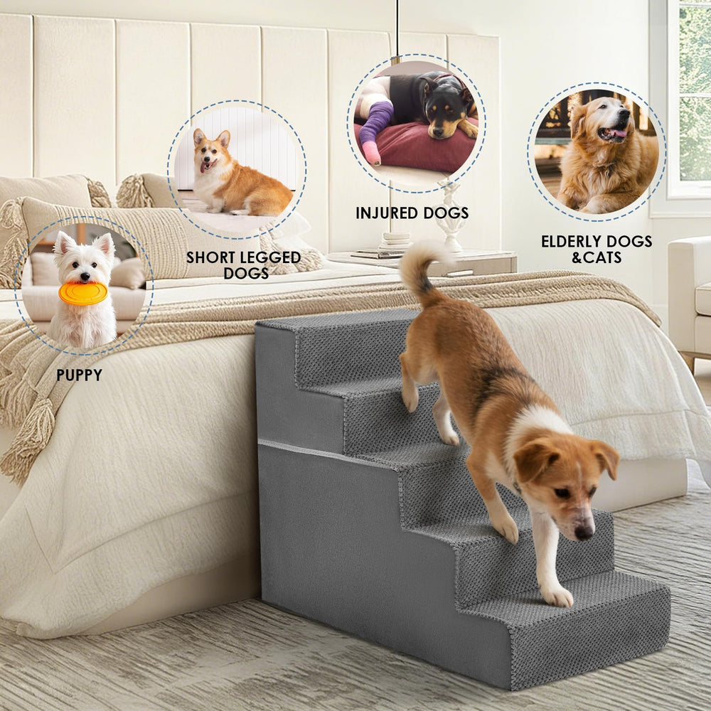 DUMOS 5-step dog stairs grey in use on sofa for safer pet elevation.