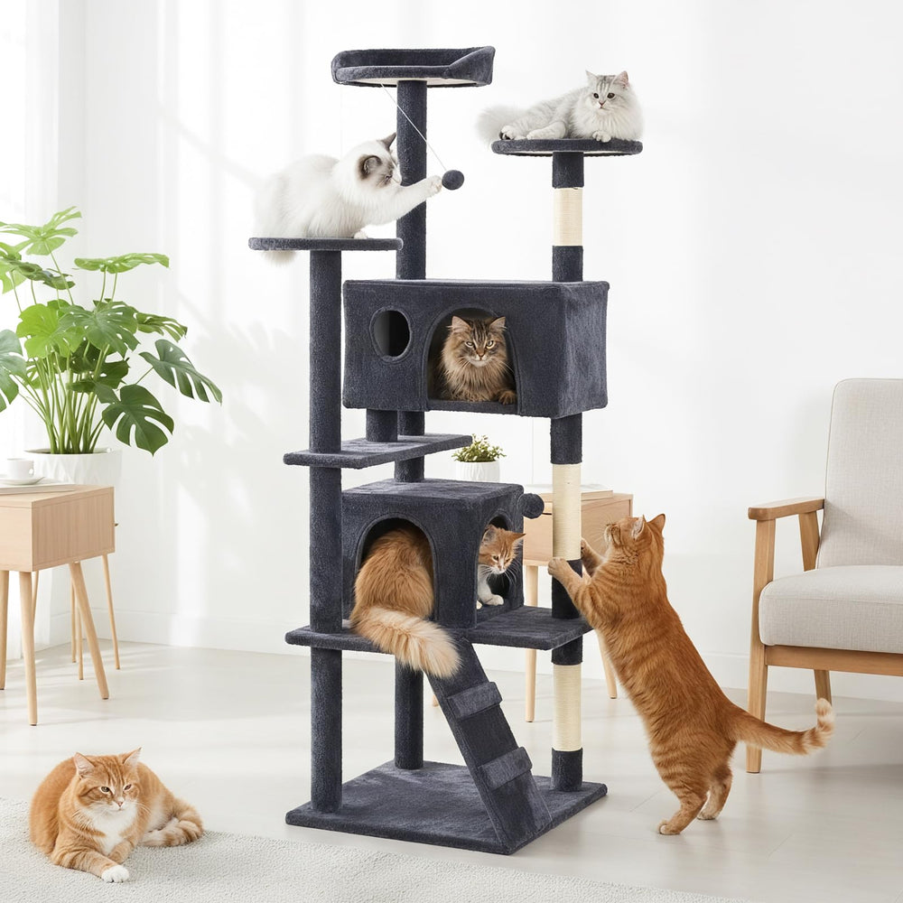 DUMOS 70-inch cat tree gray anti-tilt feature boosts wall stability