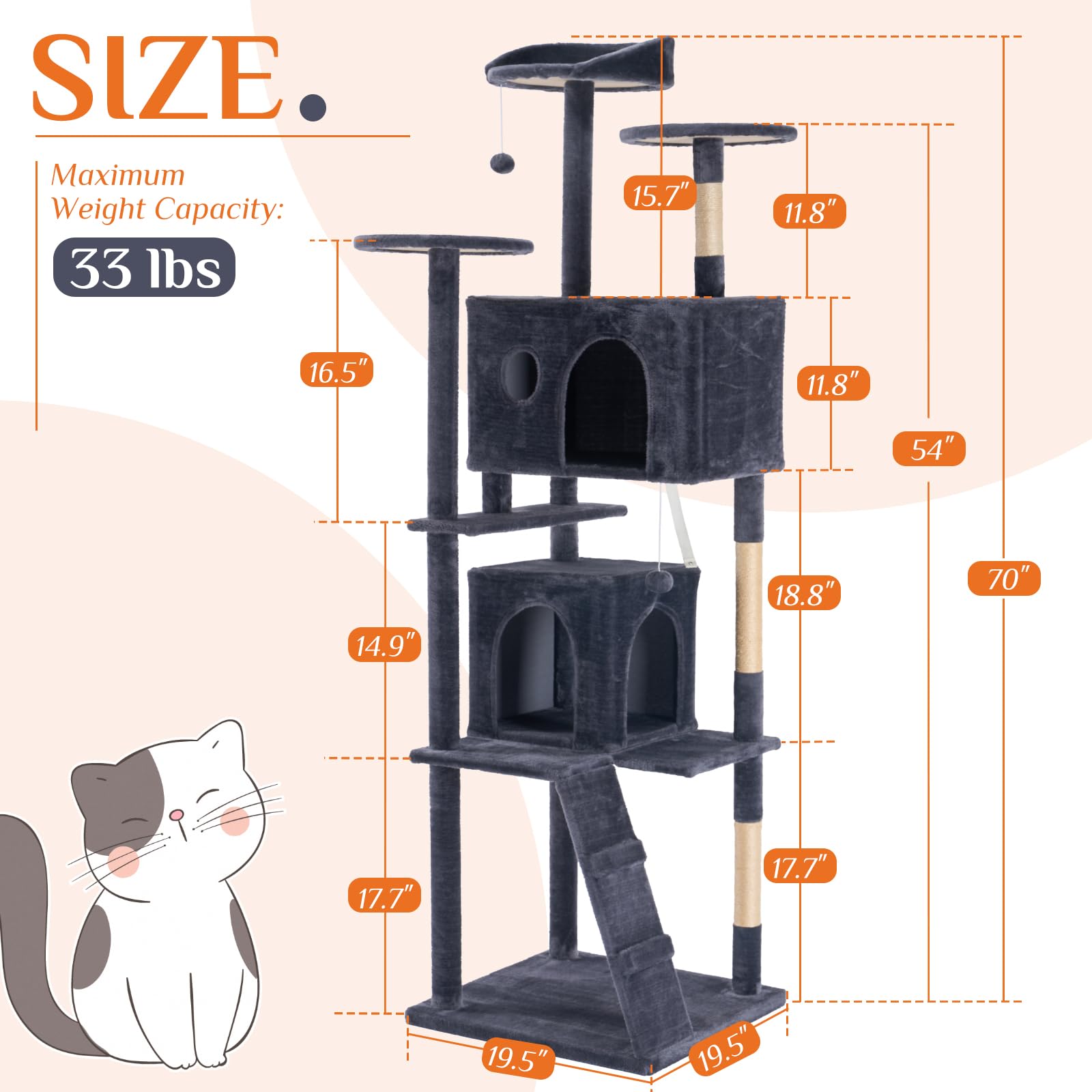 DUMOS 70-inch cat tree gray condos show cozy hiding spaces for multiple cats