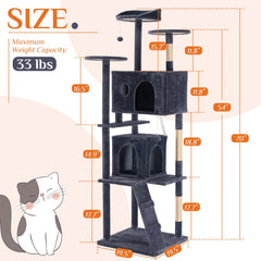 DUMOS 70-inch cat tree gray condos show cozy hiding spaces for multiple cats