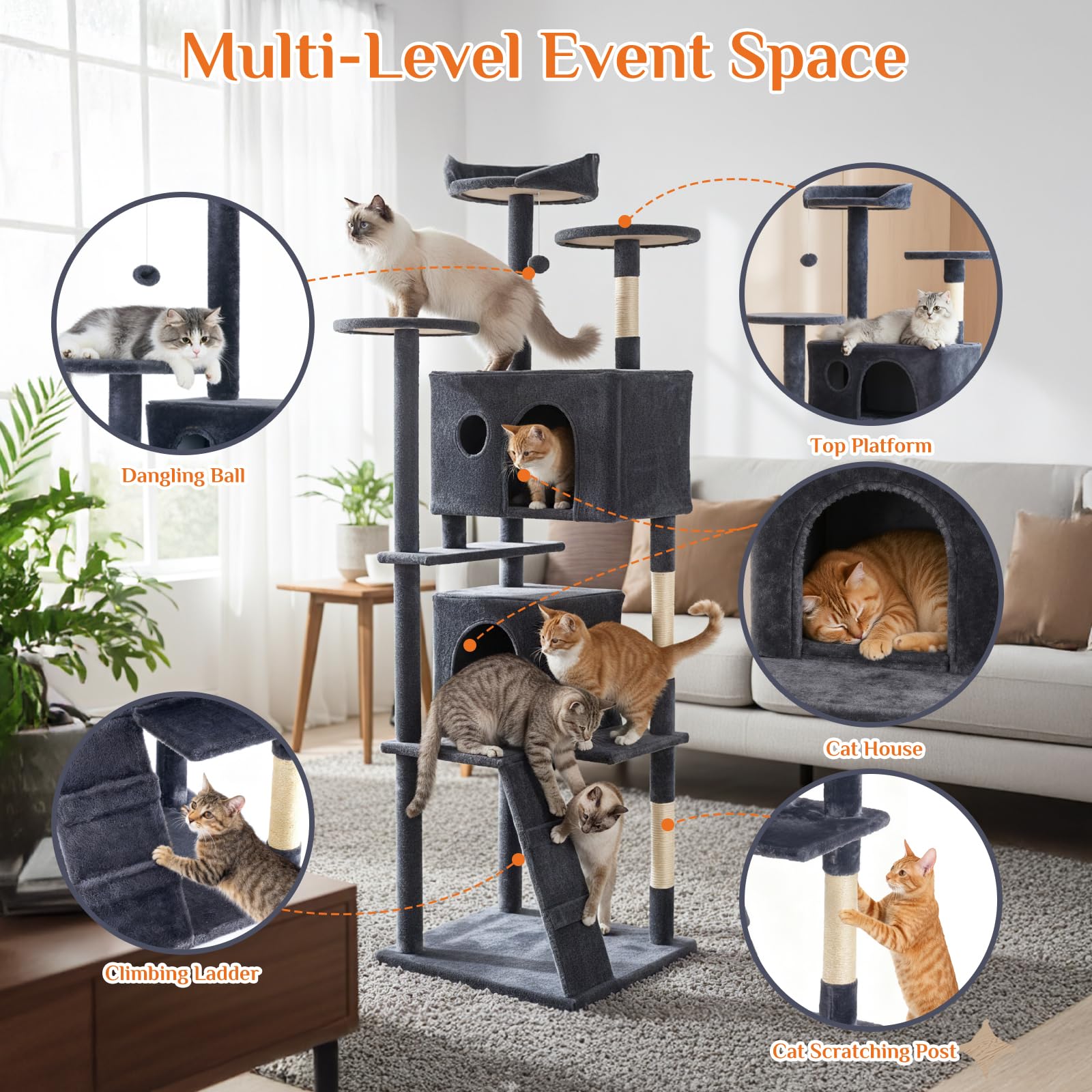 DUMOS 70-inch cat tree gray sisal posts designed for healthy claw maintenance