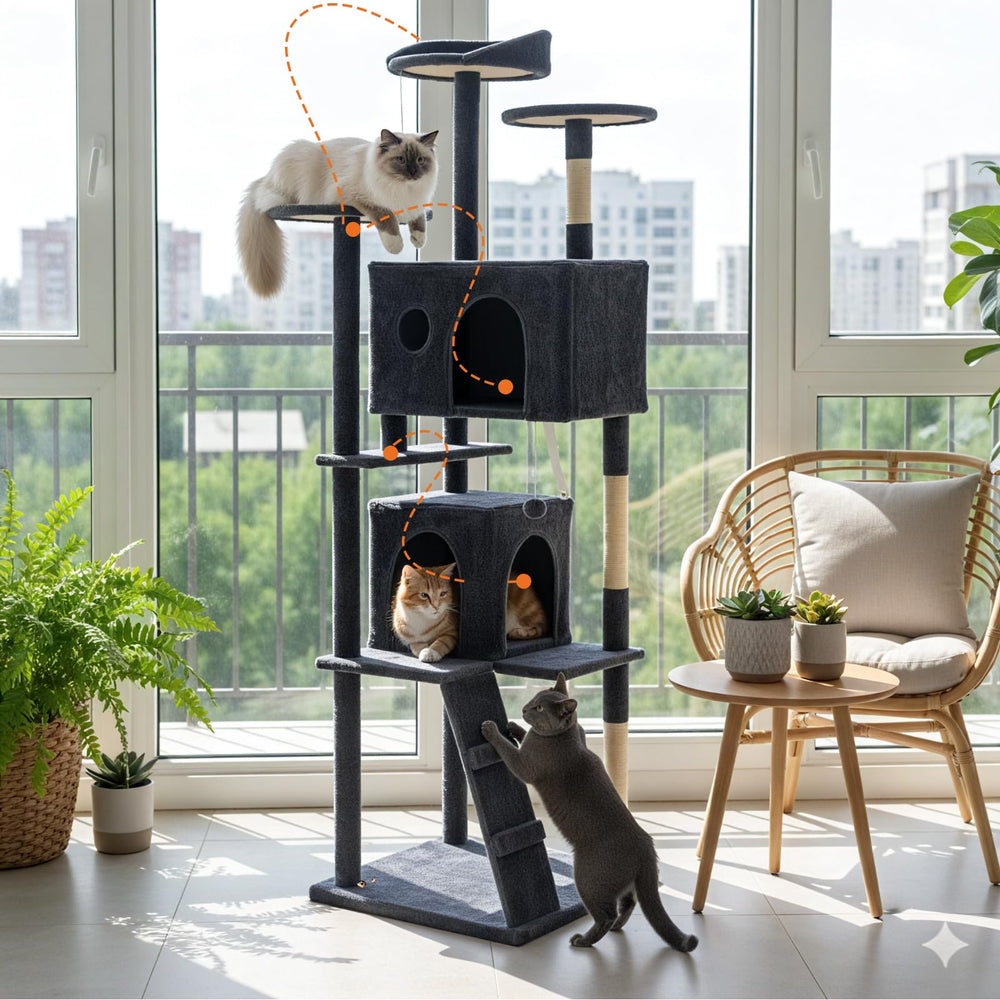 DUMOS 70-inch cat tree gray toys add interactive fun with bells
