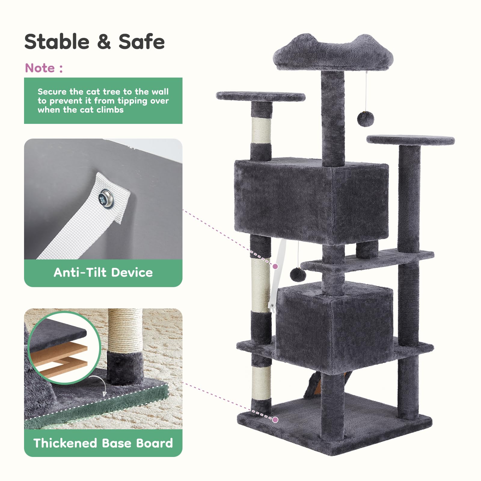 DUMOS cat tree hanging balls closeup illustrates interactive play options.