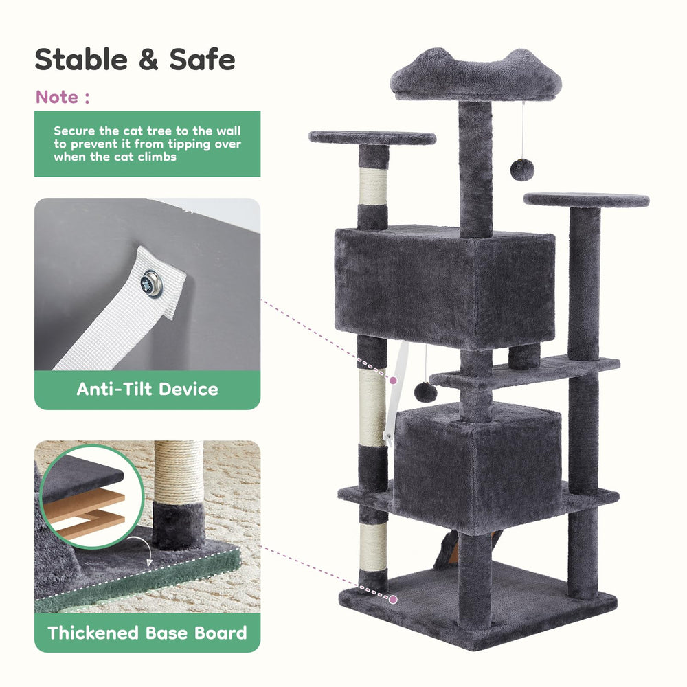 DUMOS cat tree hanging balls closeup illustrates interactive play options.