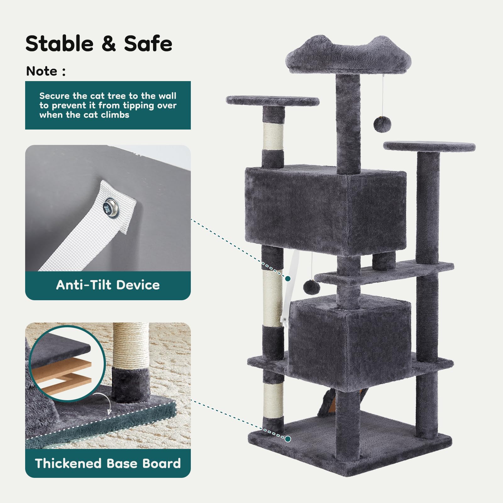 DUMOS cat tree in room with compact footprint saves space in apartments.