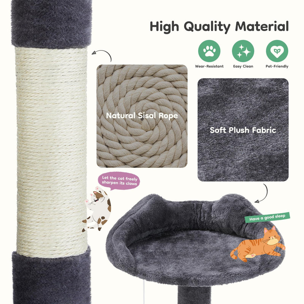 DUMOS cat tree round platform detail emphasizes comfortable lounging spot.