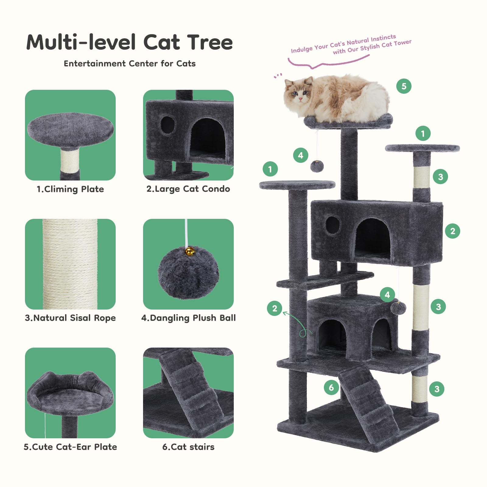 DUMOS cat tree sisal posts closeup shows durable scratching surfaces.
