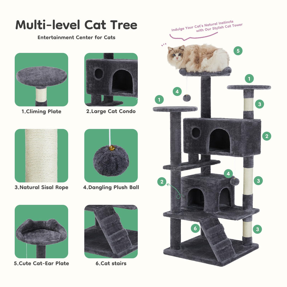 DUMOS cat tree sisal posts closeup shows durable scratching surfaces.