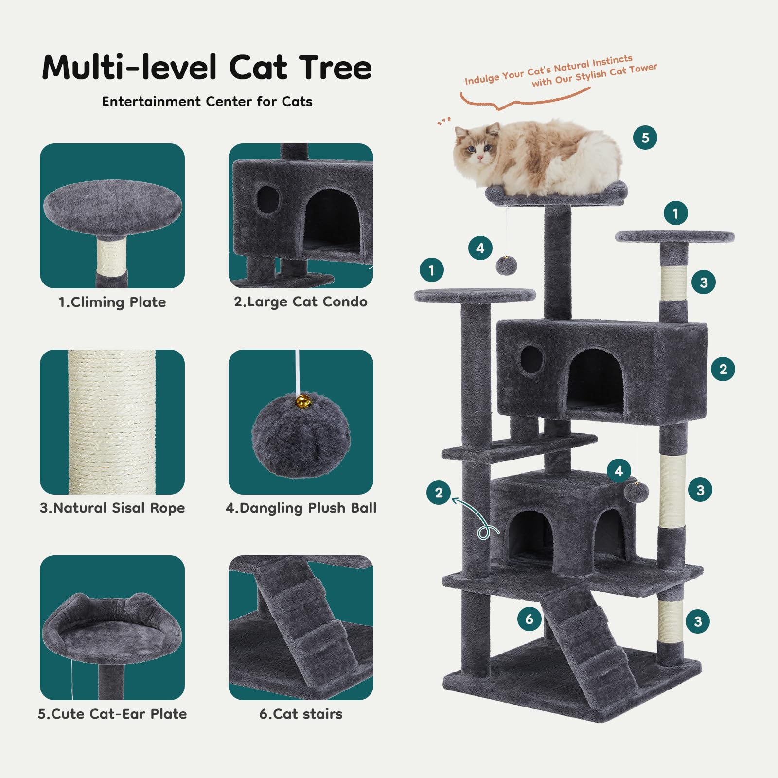 DUMOS cat tree sisal scratching posts promote healthy claws and durable wear.