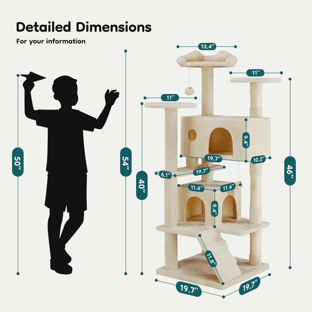DUMOS cat tree tower with two condos offers cozy retreat and quiet napping spots.
