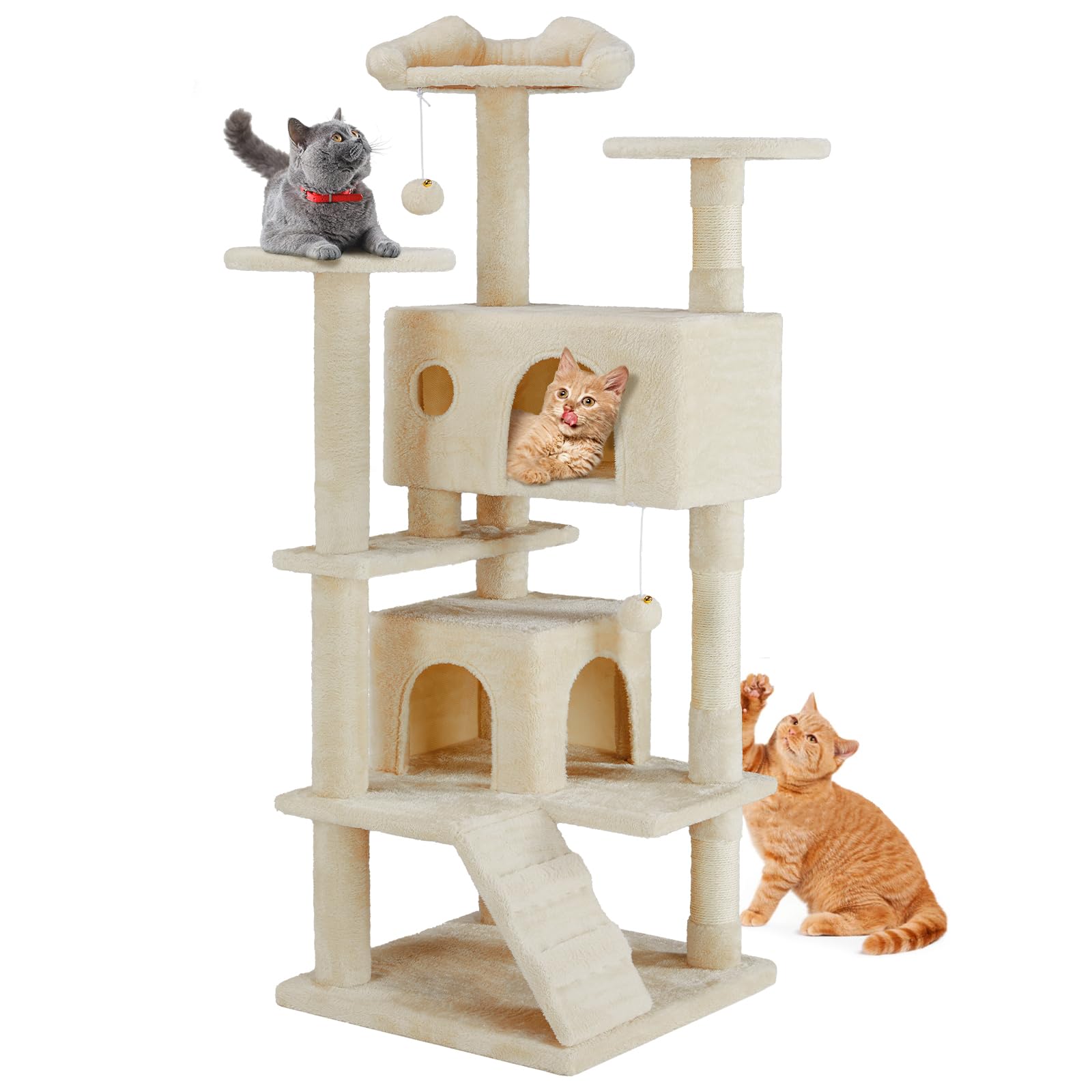 DUMOS cat tree tower beige round platform for comfortable multi-cat lounging and exploration.