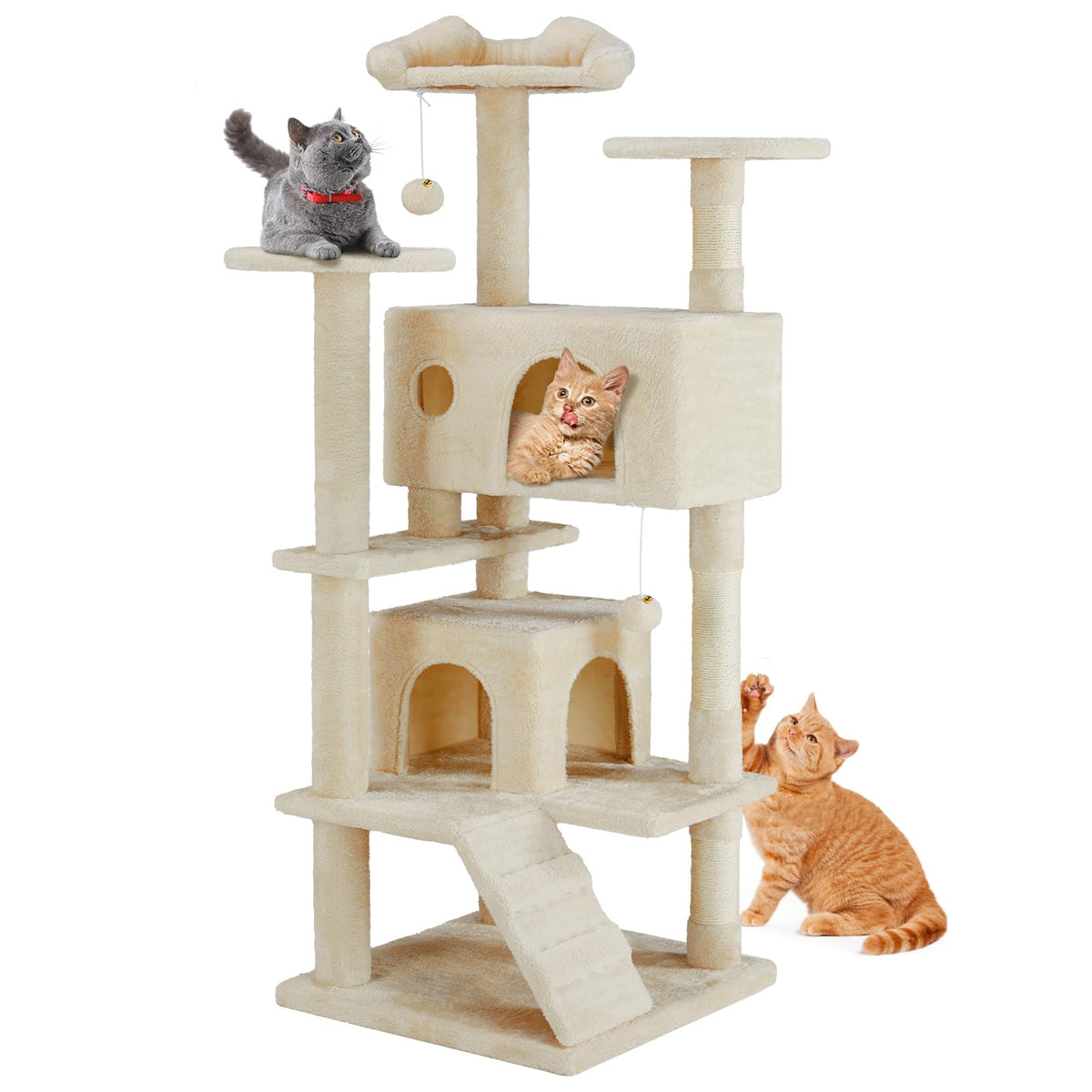 DUMOS cat tree tower beige round platform for comfortable multi-cat lounging and exploration.
