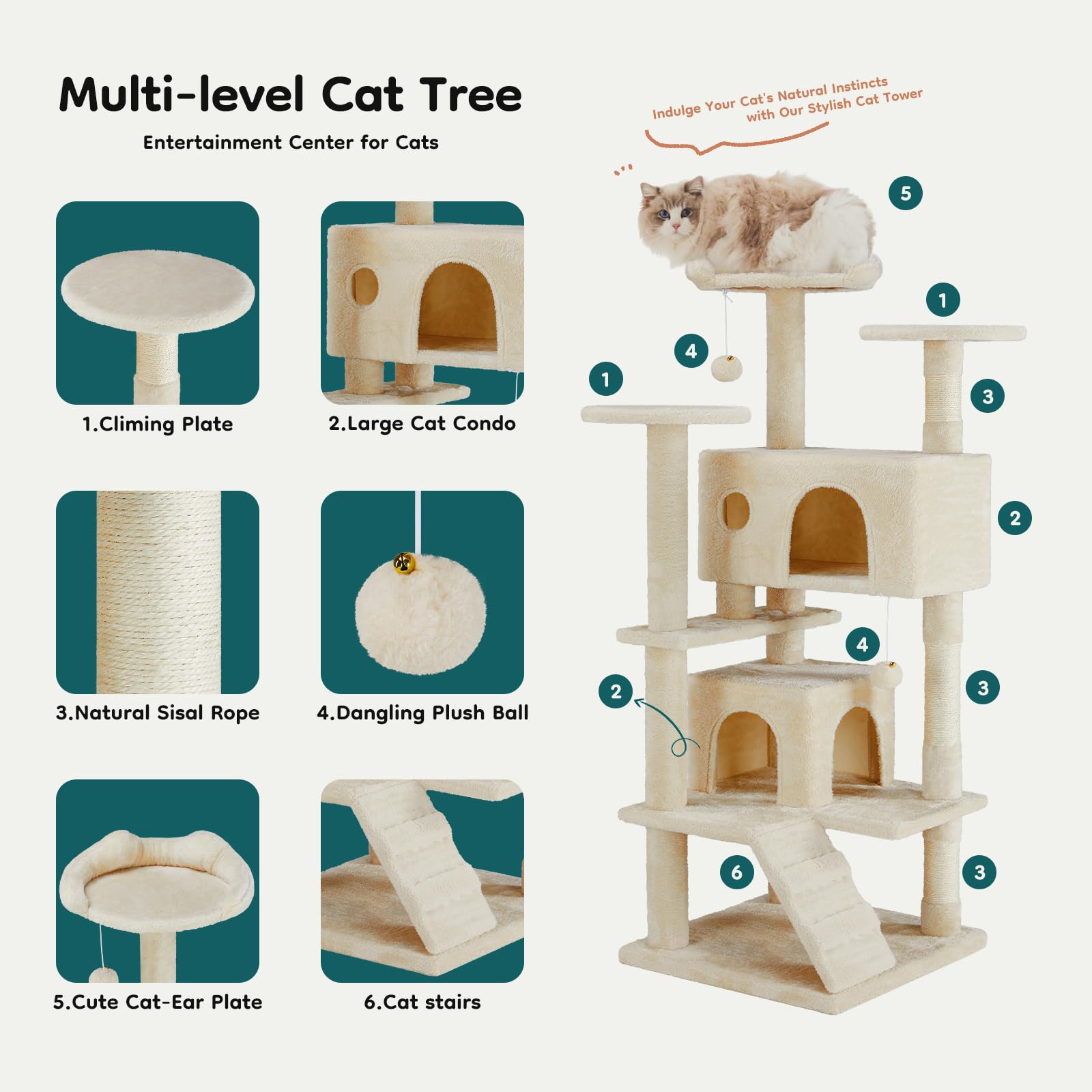 DUMOS cat tree tower shows hanging balls with bells for interactive play.