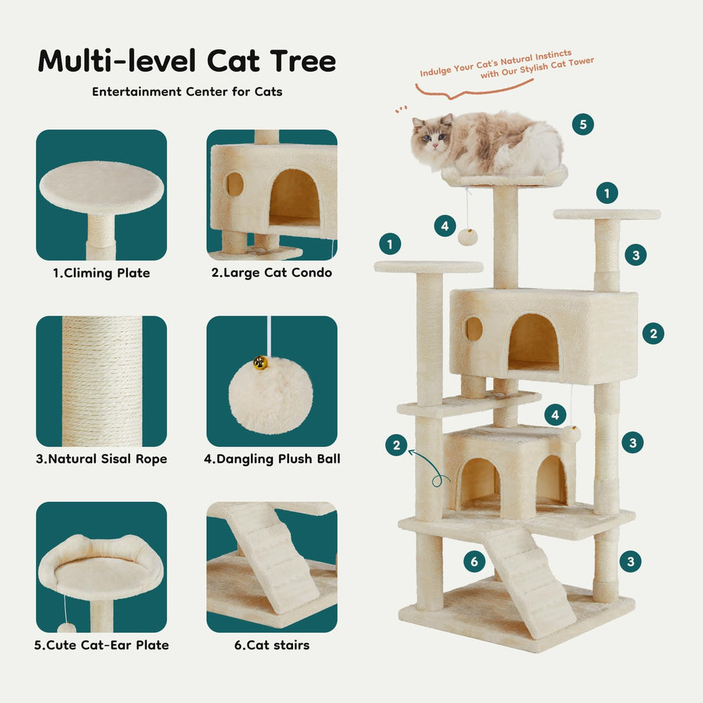 DUMOS cat tree tower shows hanging balls with bells for interactive play.
