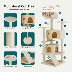 DUMOS cat tree tower shows hanging balls with bells for interactive play.