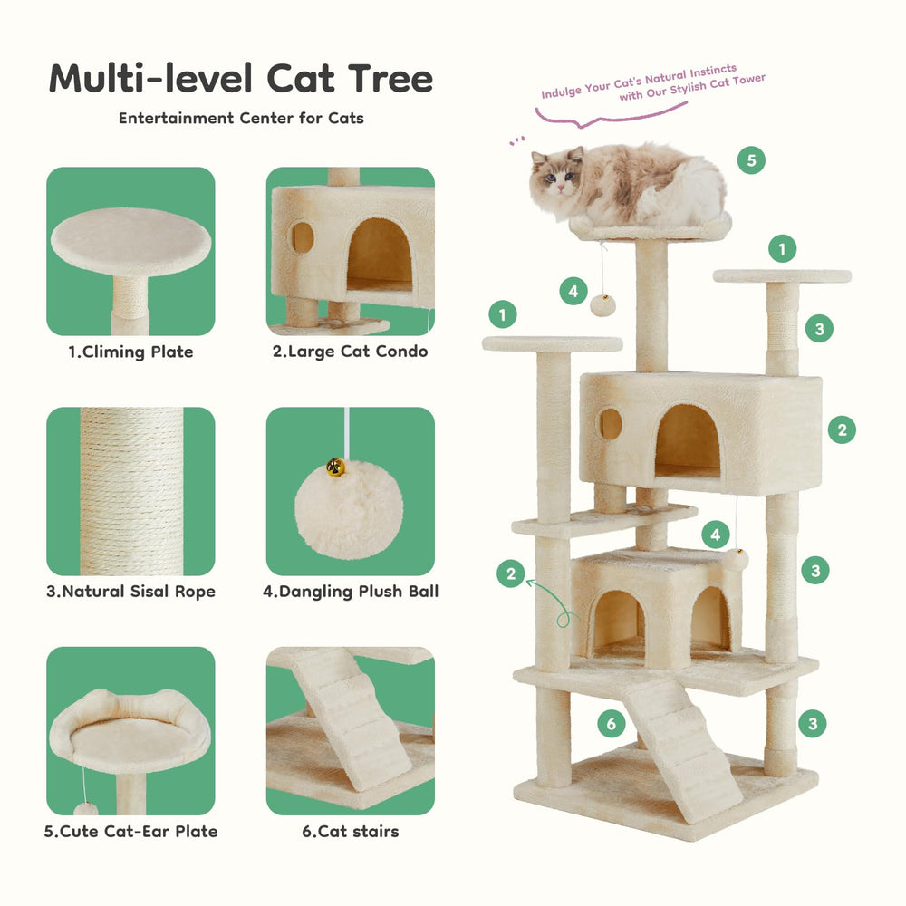 Three sisal posts on the DUMOS cat tree promote claw care.