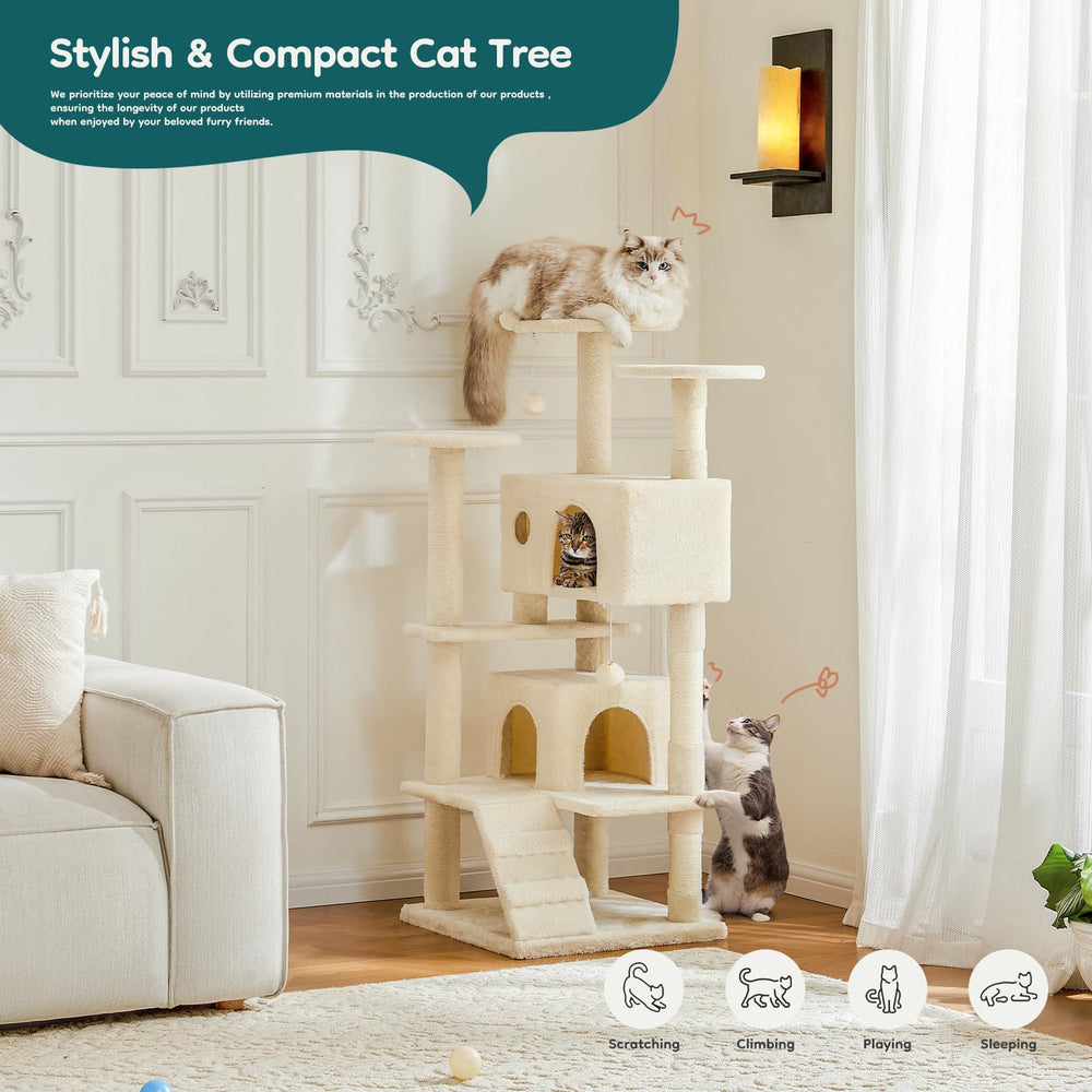 DUMOS cat tree tower with sisal posts supports healthy scratching and claw maintenance.
