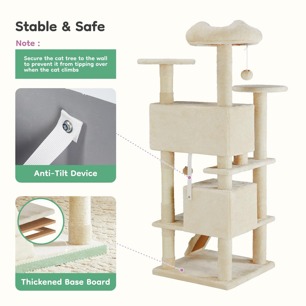 Toys with bells on the DUMOS cat tree invite interactive play.