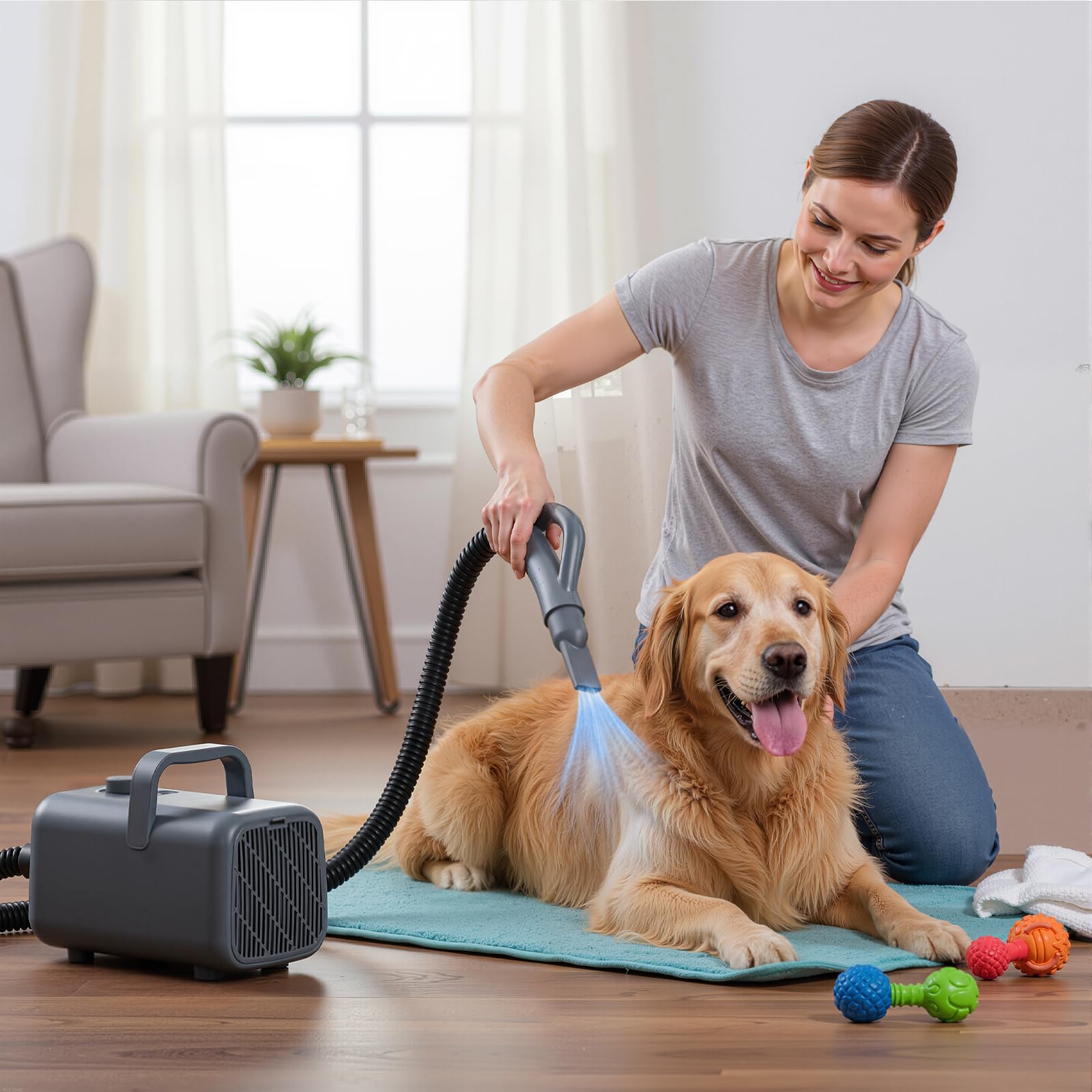DUMOS dog blow dryer shows quiet operation for calm grooming sessions