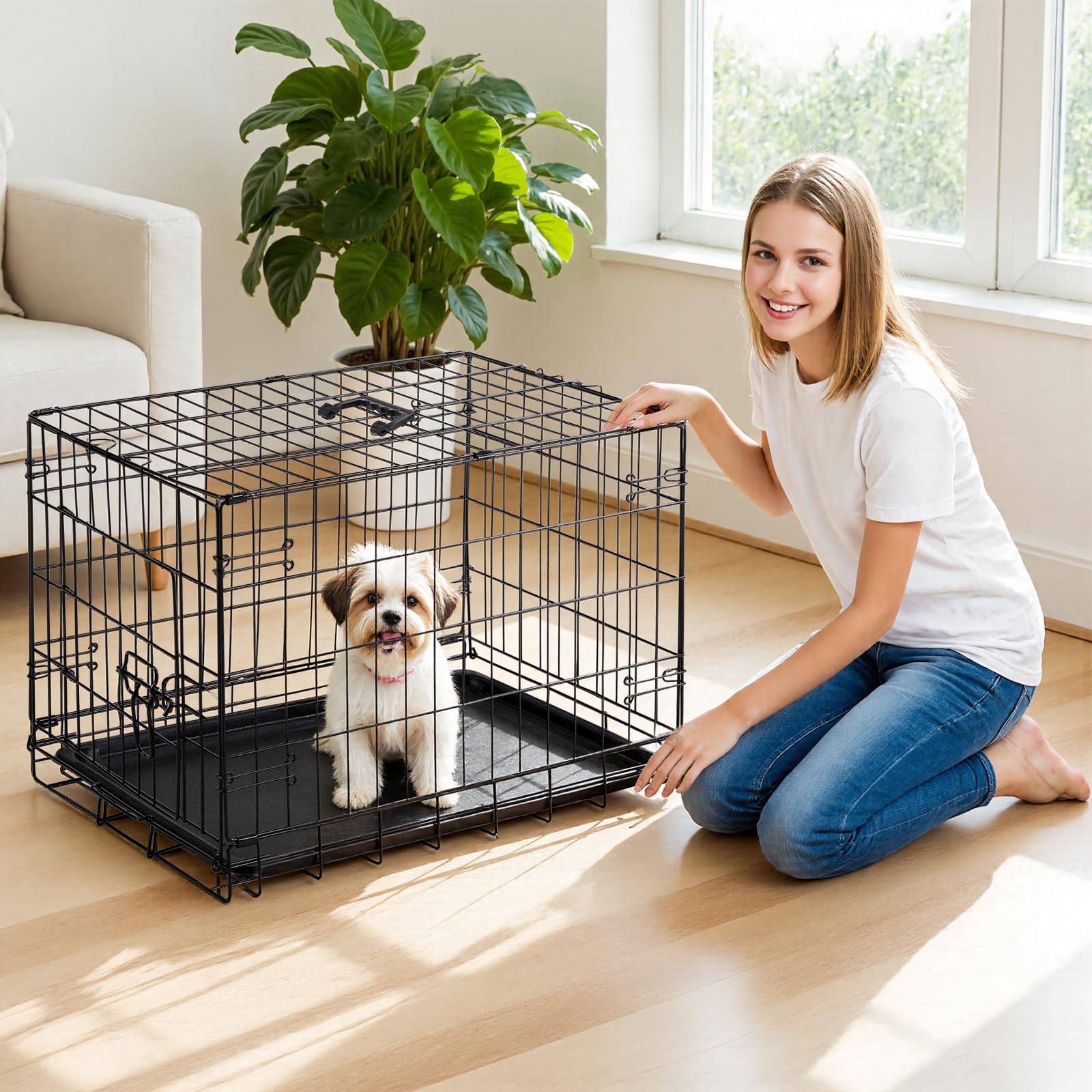DUMOS dog crate carrying handle demonstrates easy transport for home and travel.