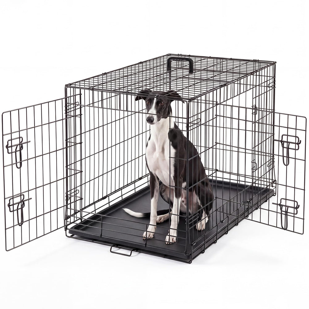 DUMOS 36-inch double-door dog crate for easy entry and ventilation.