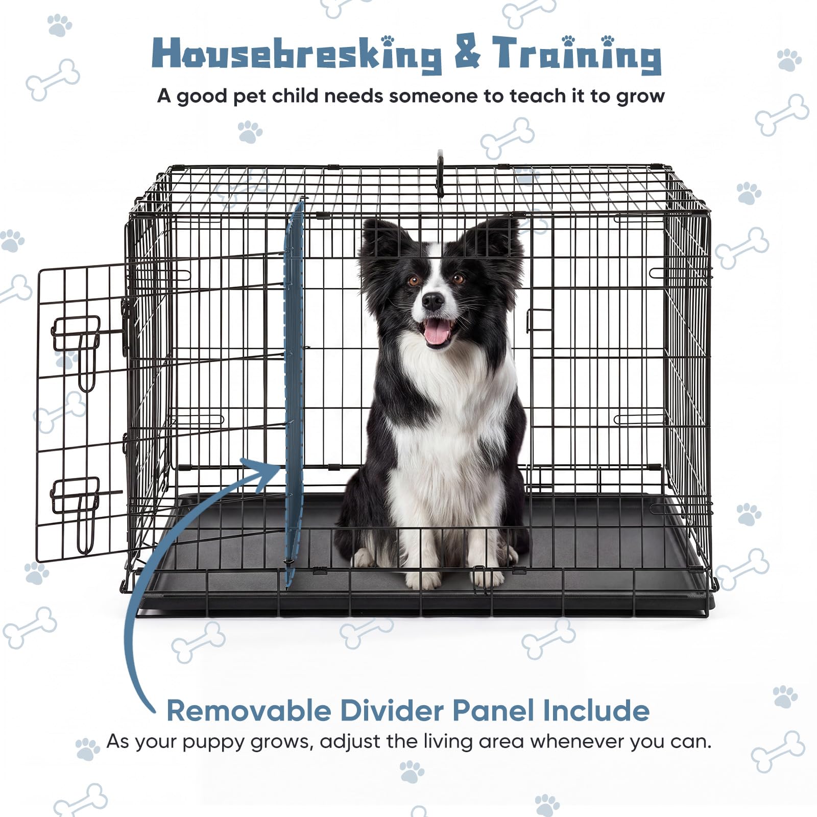 Foldable, portable design of the DUMOS dog crate with carrying handle.